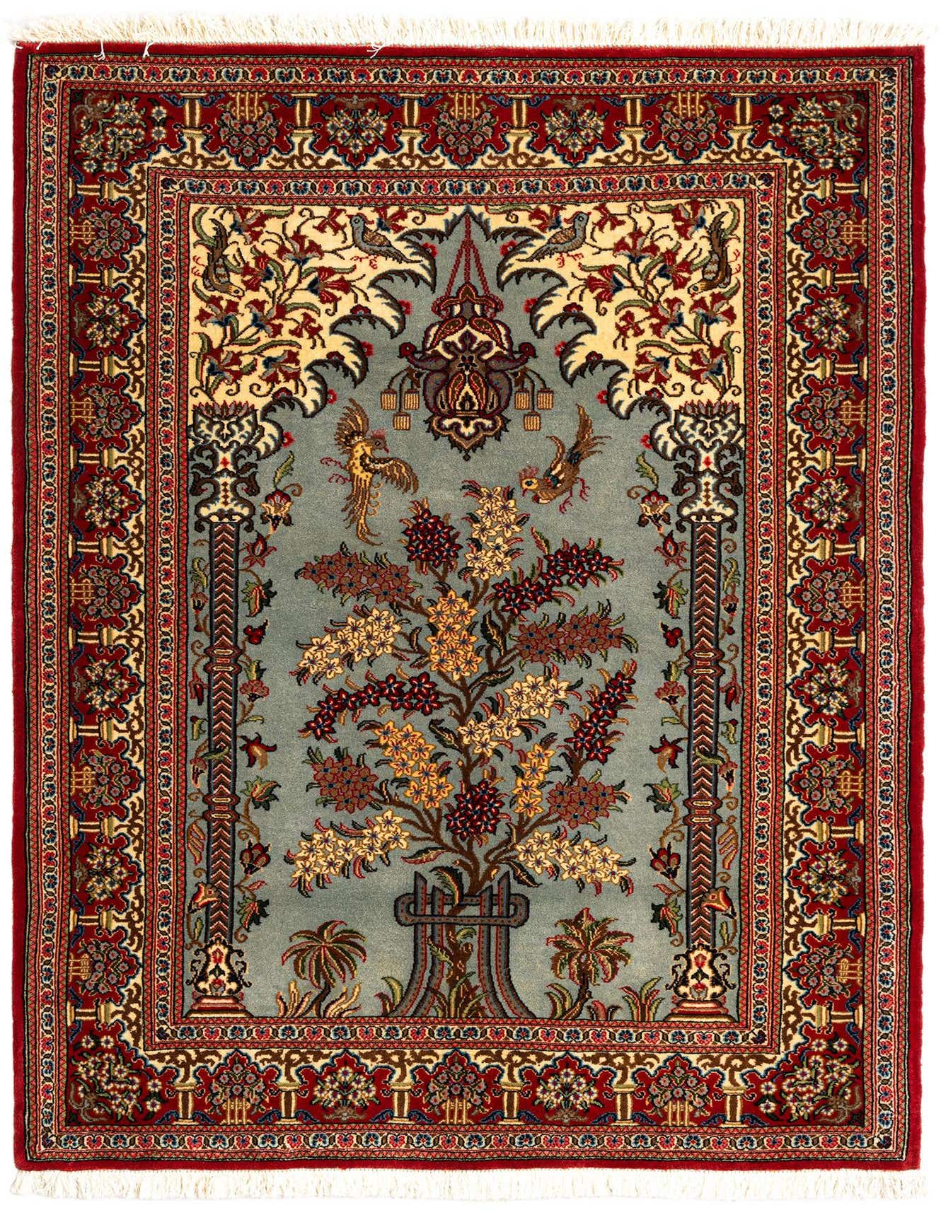 A rectangular 3x5 red Persian wool rug with an intricate floral and bird design on a light blue field, framed by a detailed red border.