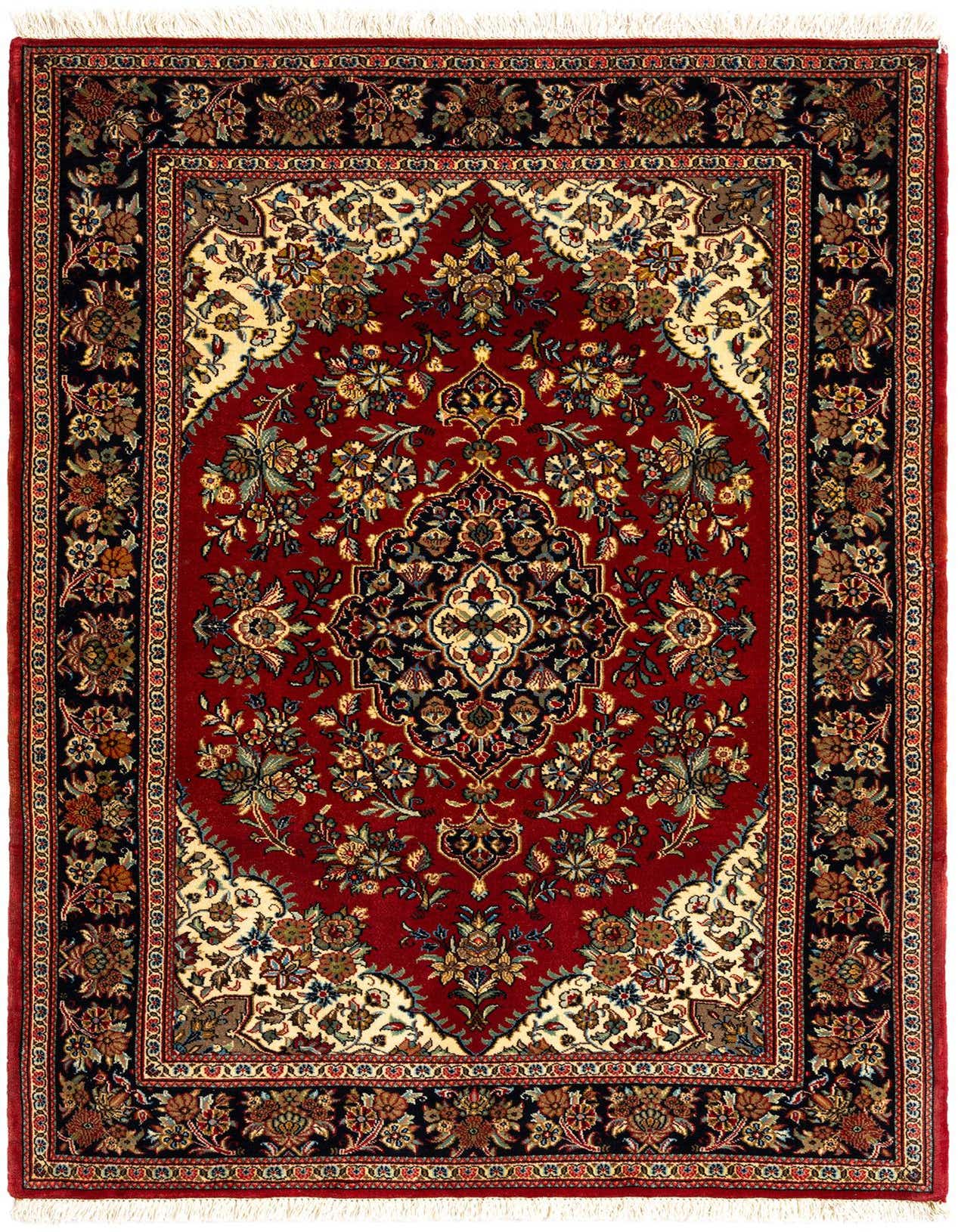 A 3x5 rectangular handmade Persian rug with a rich red field, intricate floral patterns, and a dark border.