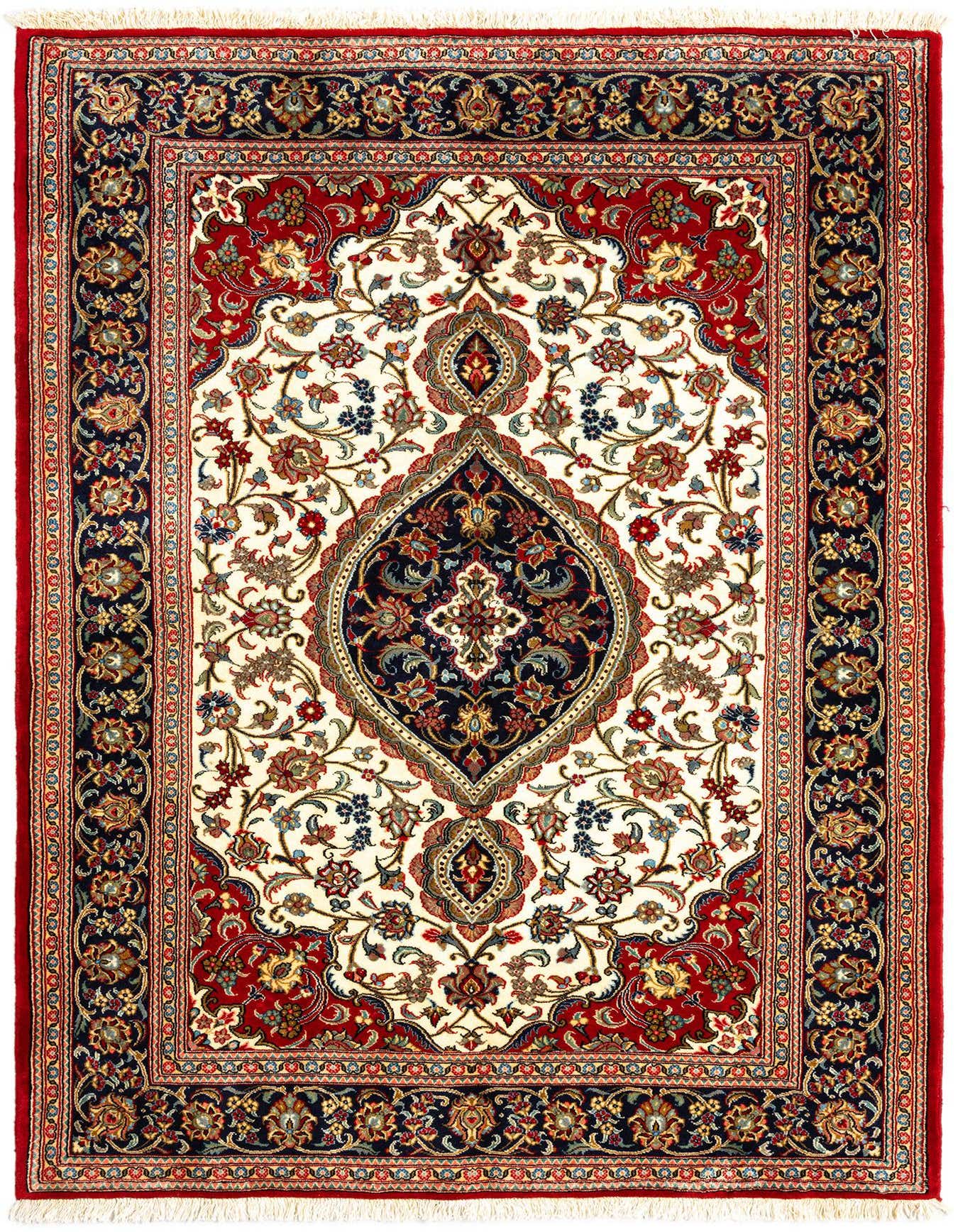 A 5x7 rectangular Persian rug with a cream field, red border, and intricate floral medallion in navy and red.