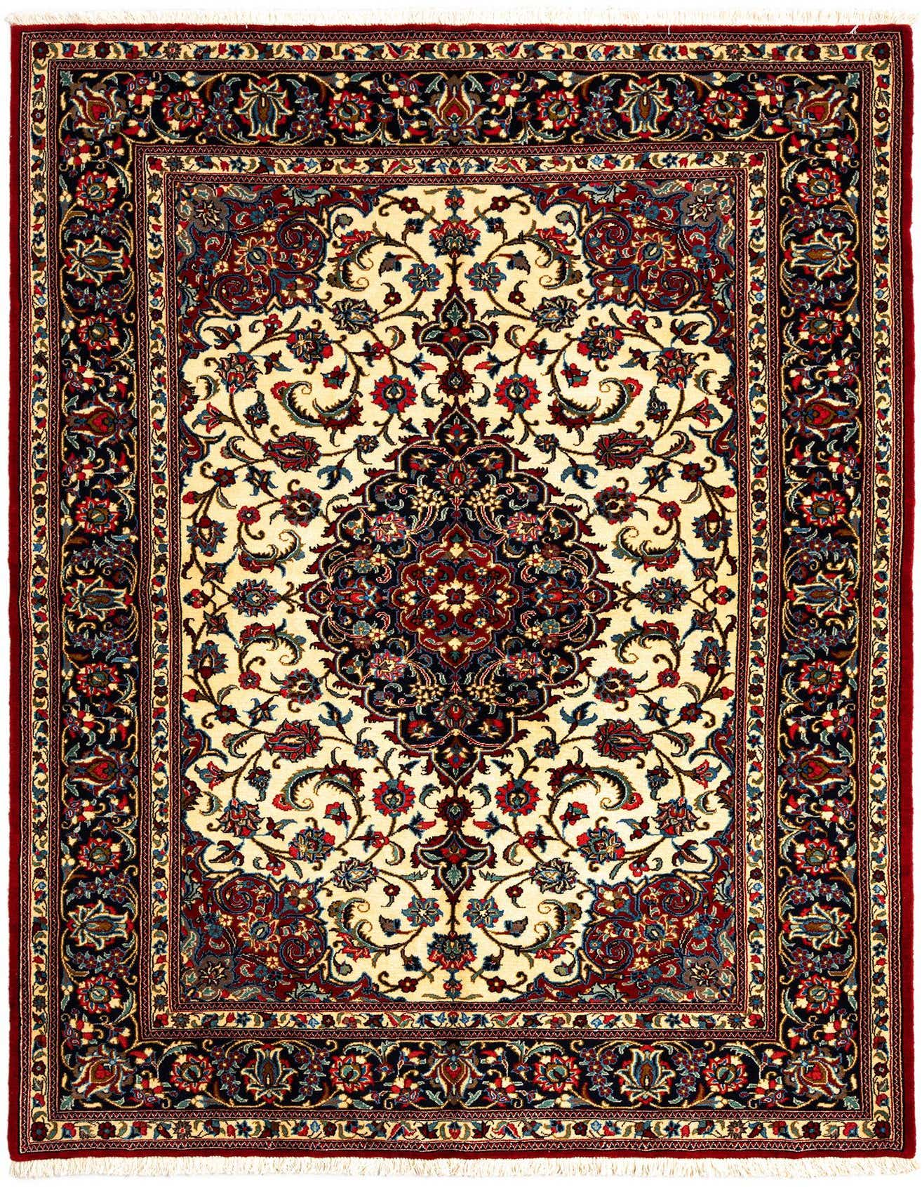 A 5x7 rectangular Persian Qom rug with a cream background, intricate red, blue, and black floral patterns, and a detailed red border.