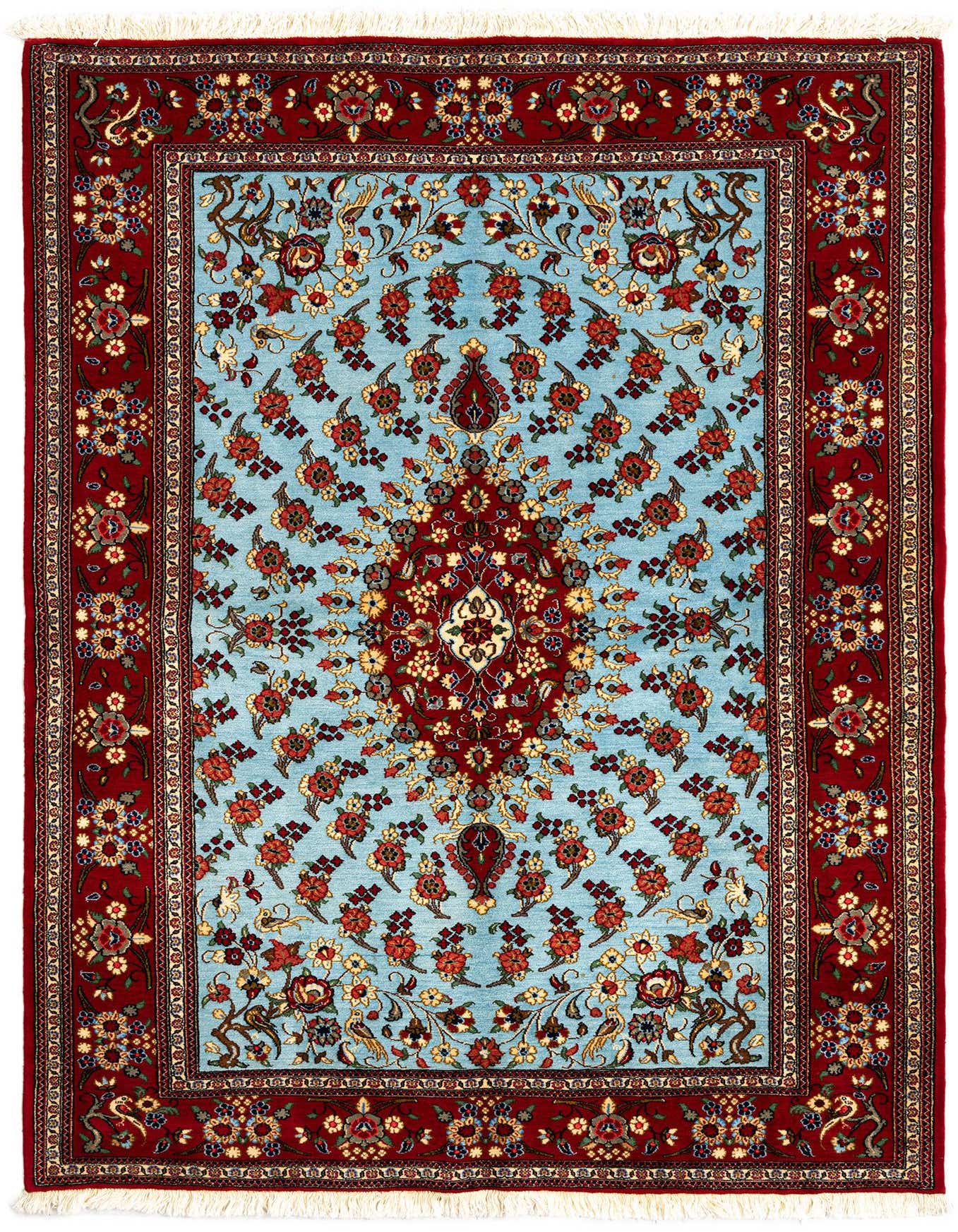 A 5x7 rectangular Persian rug with a light blue field, a large red central medallion, and a detailed red floral border.
