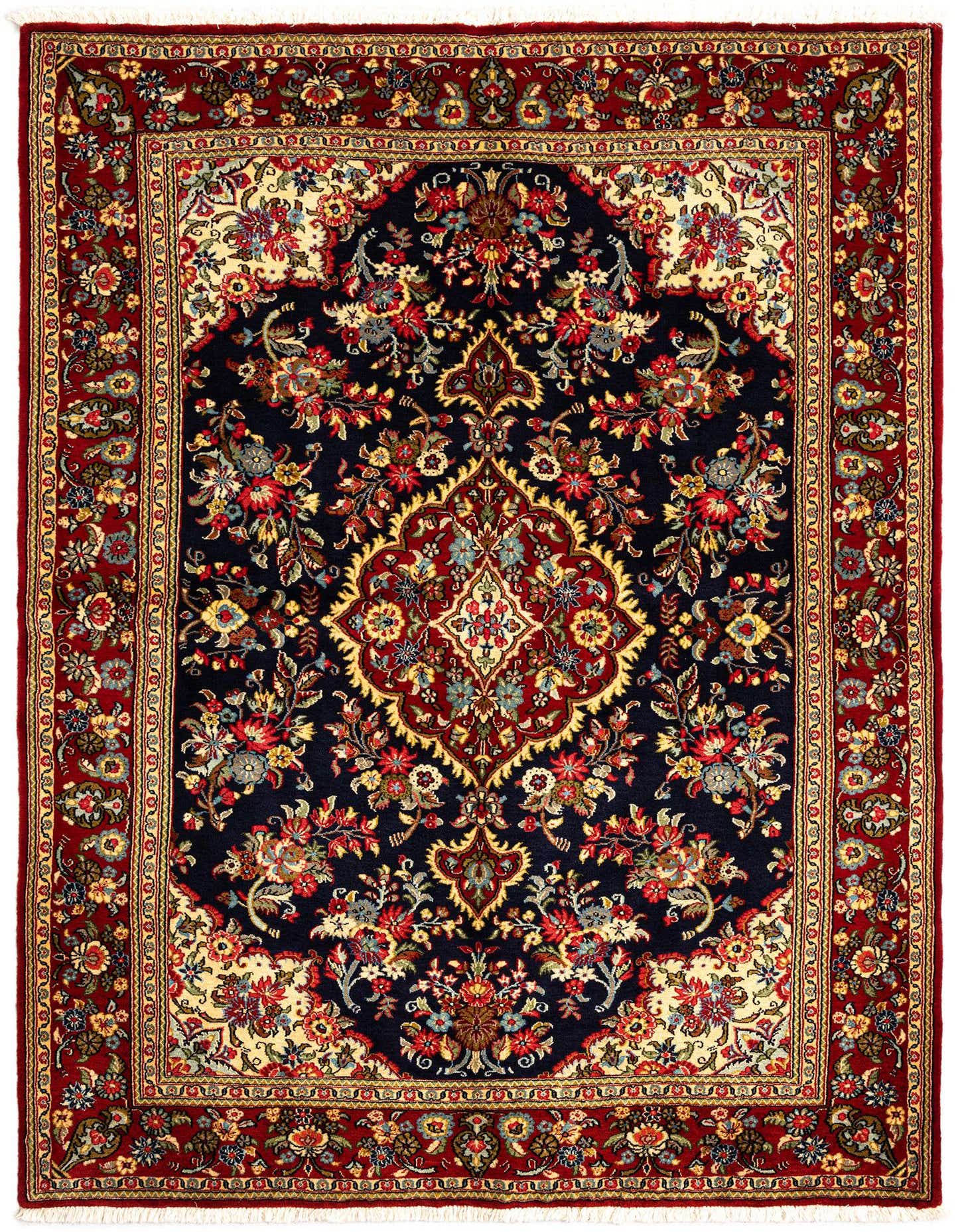 A 4x6 rectangular Qom Persian rug featuring a rich red border and a dark navy field with intricate floral and medallion patterns.