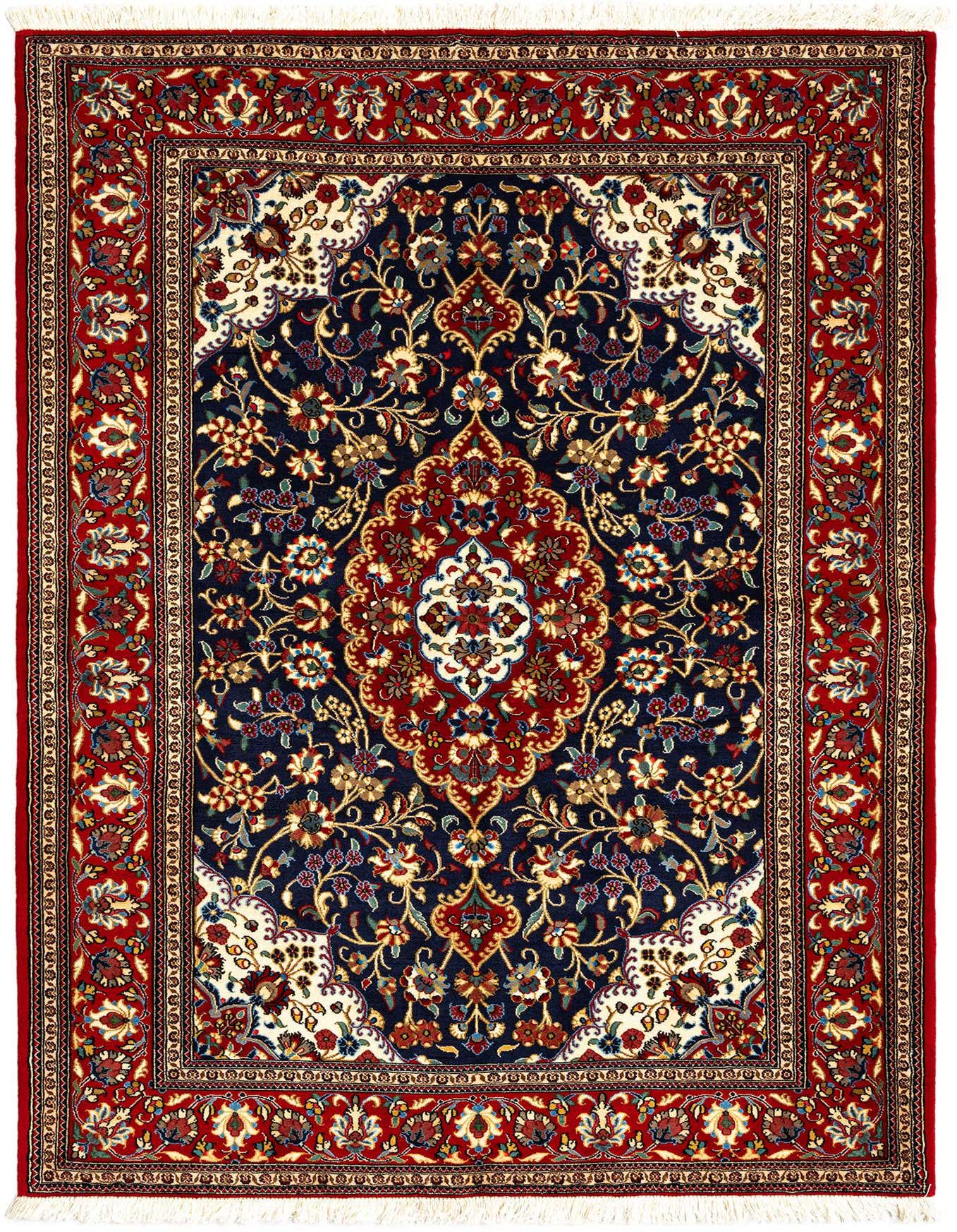 A 5x7 rectangular Persian rug with a rich red border and a navy blue field featuring intricate floral and medallion patterns.