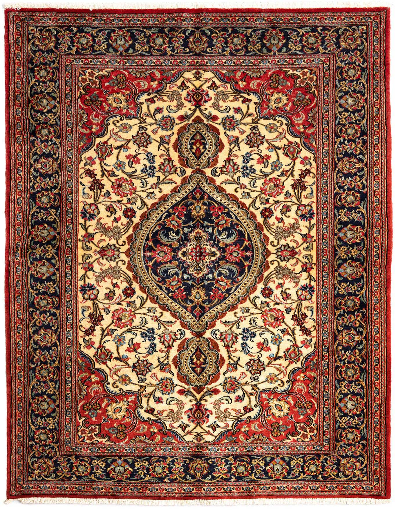 A 5x7 rectangular Persian rug with a cream background, red border, and intricate floral medallion in navy and red.