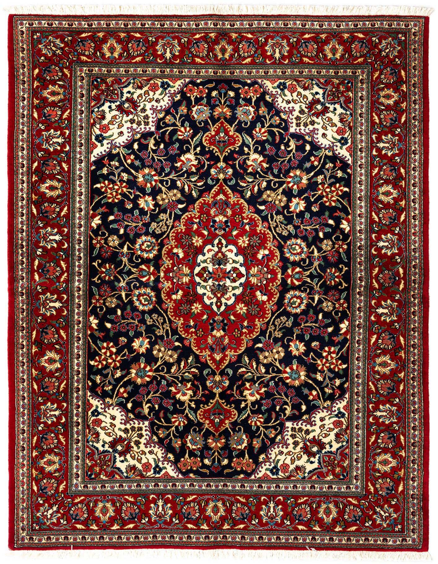 A rectangular 4x6 Persian rug with a deep red border and a navy blue field, featuring an intricate floral medallion pattern in reds, creams, and blues.