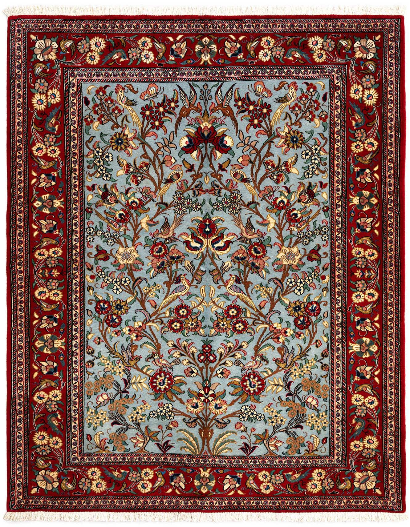 A rectangular 5x7 Persian rug with a light blue field featuring an intricate floral and bird pattern, framed by a wide red border.