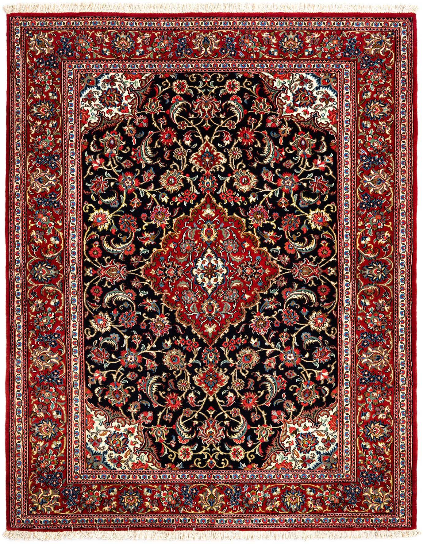 A 4x6 rectangular Qom Persian rug featuring a rich red and black floral medallion pattern with intricate borders.
