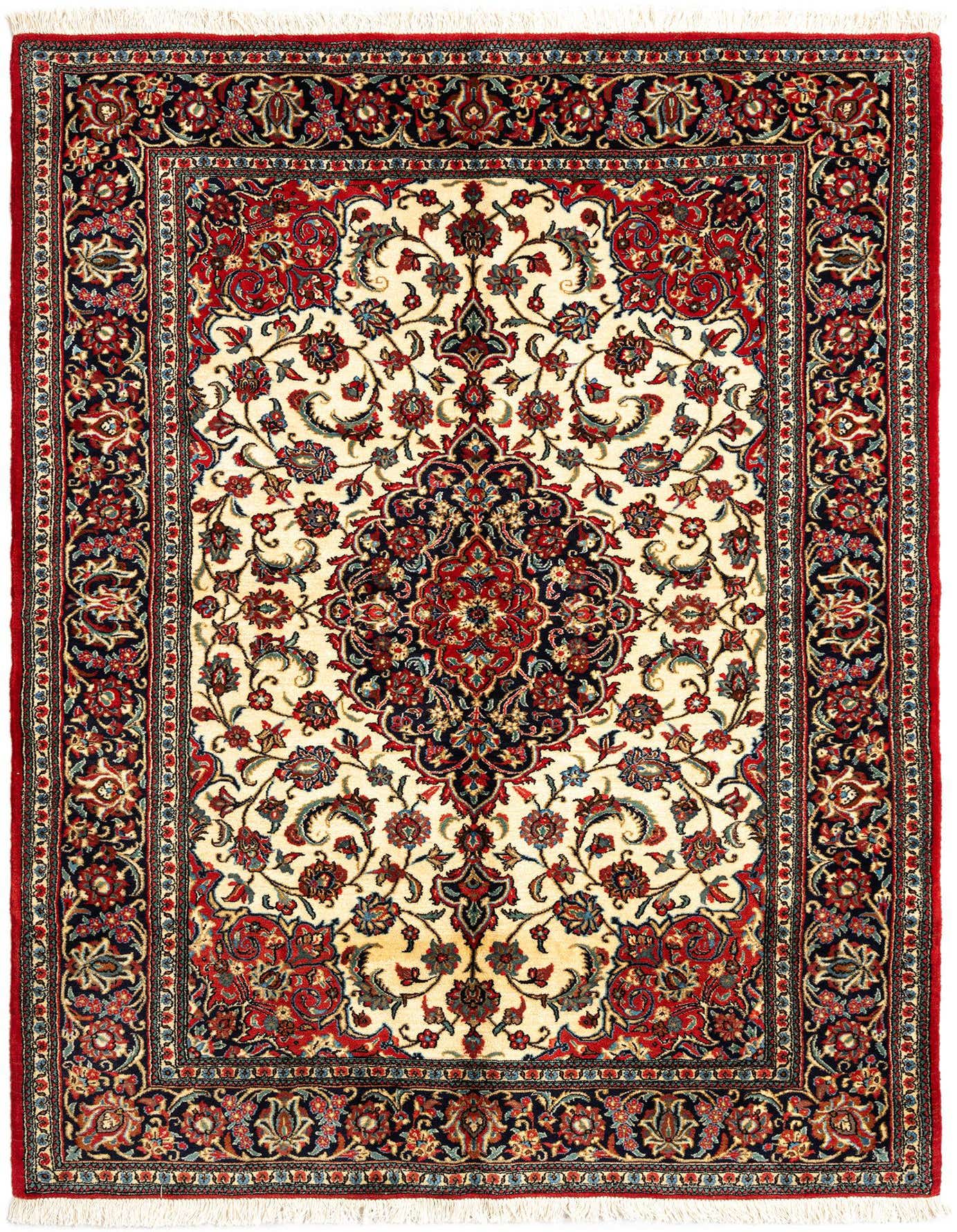 A 5x7 rectangular Persian rug with a cream field, red border, and intricate floral medallion pattern.