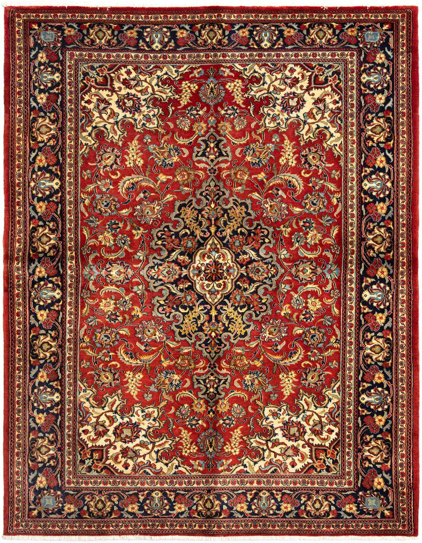 A 4x6 rectangular red Persian rug with an intricate floral medallion pattern in cream, navy, and gold, perfect for a living room.