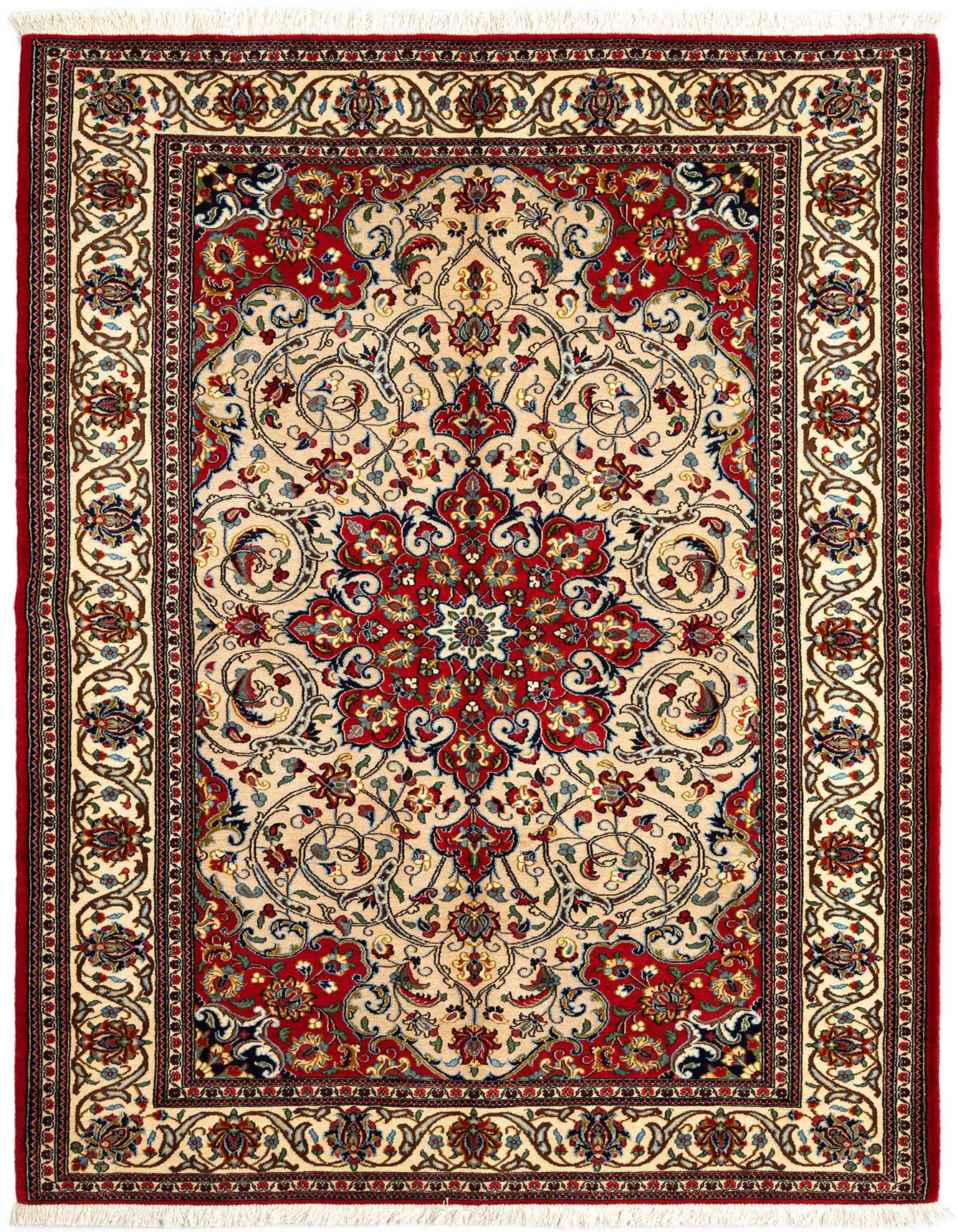 A 5x8 rectangular Qom Persian rug in red and cream, featuring intricate floral and medallion patterns.