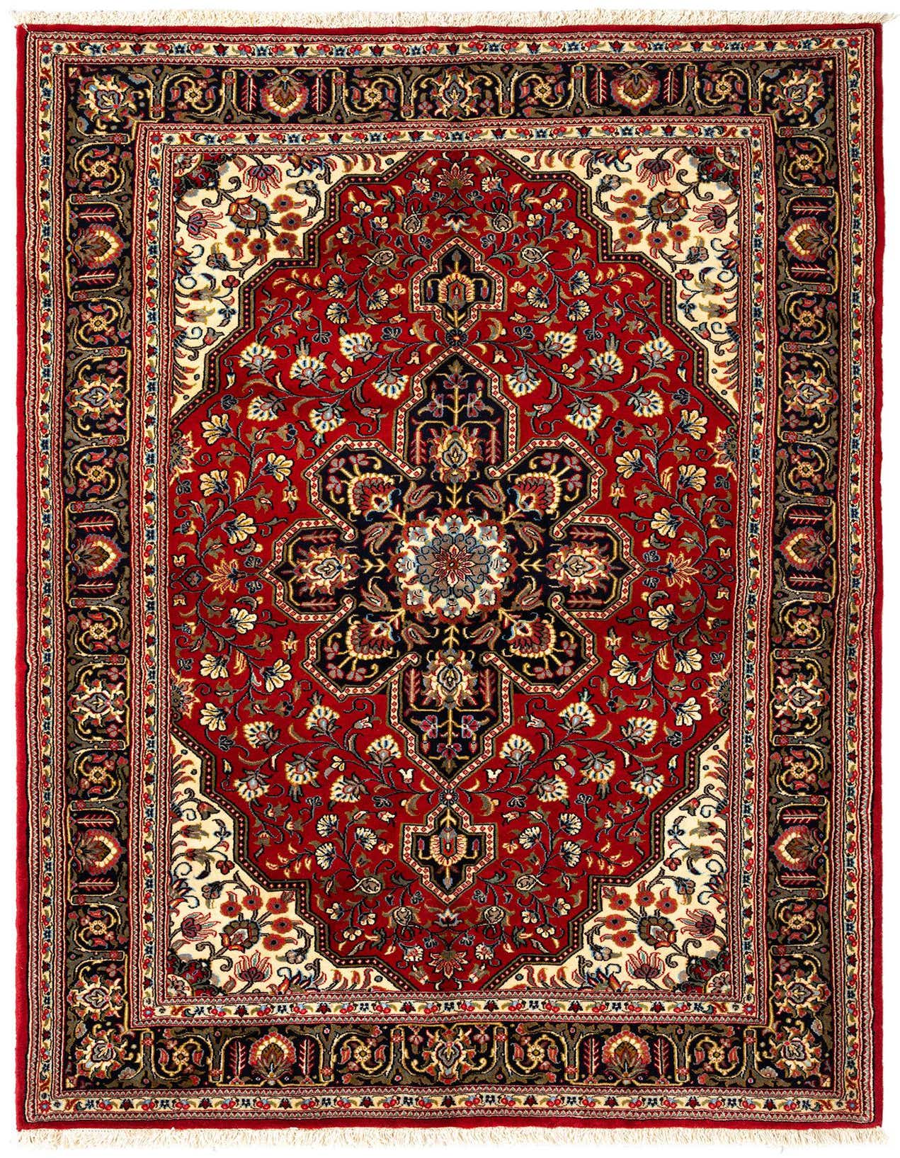 A 5x7 rectangular Persian rug, predominantly red with an intricate oriental pattern and a central medallion, featuring cream, navy, and gold accents.