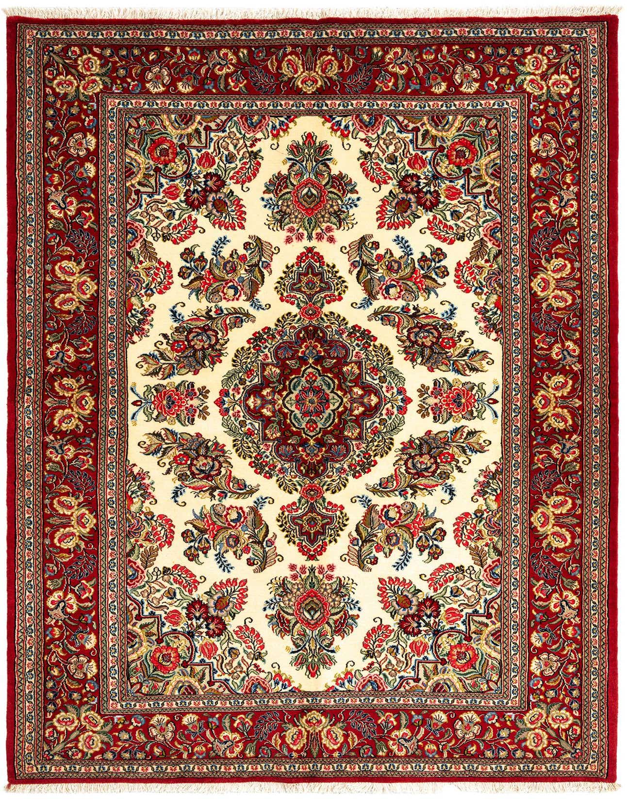 A 5x7 rectangular Persian rug with a cream center medallion and red border, featuring intricate floral patterns.