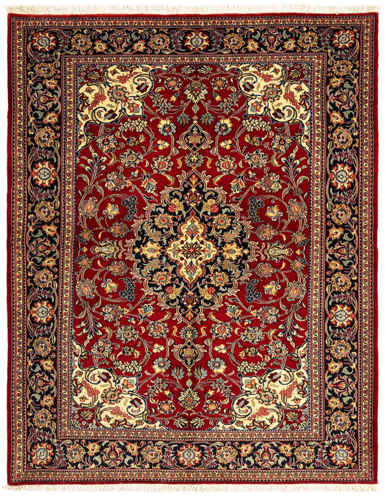 A 5x7 rectangular Qom Persian rug in rich red with an intricate floral and medallion pattern, featuring navy, cream, and gold accents.