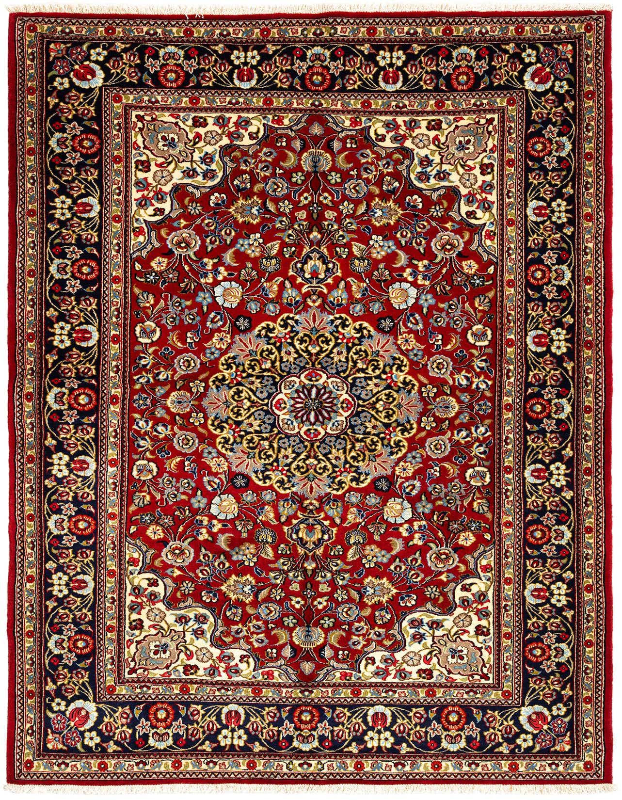 A 4x6 rectangular red Persian rug with intricate floral and medallion patterns in blue, gold, and cream.