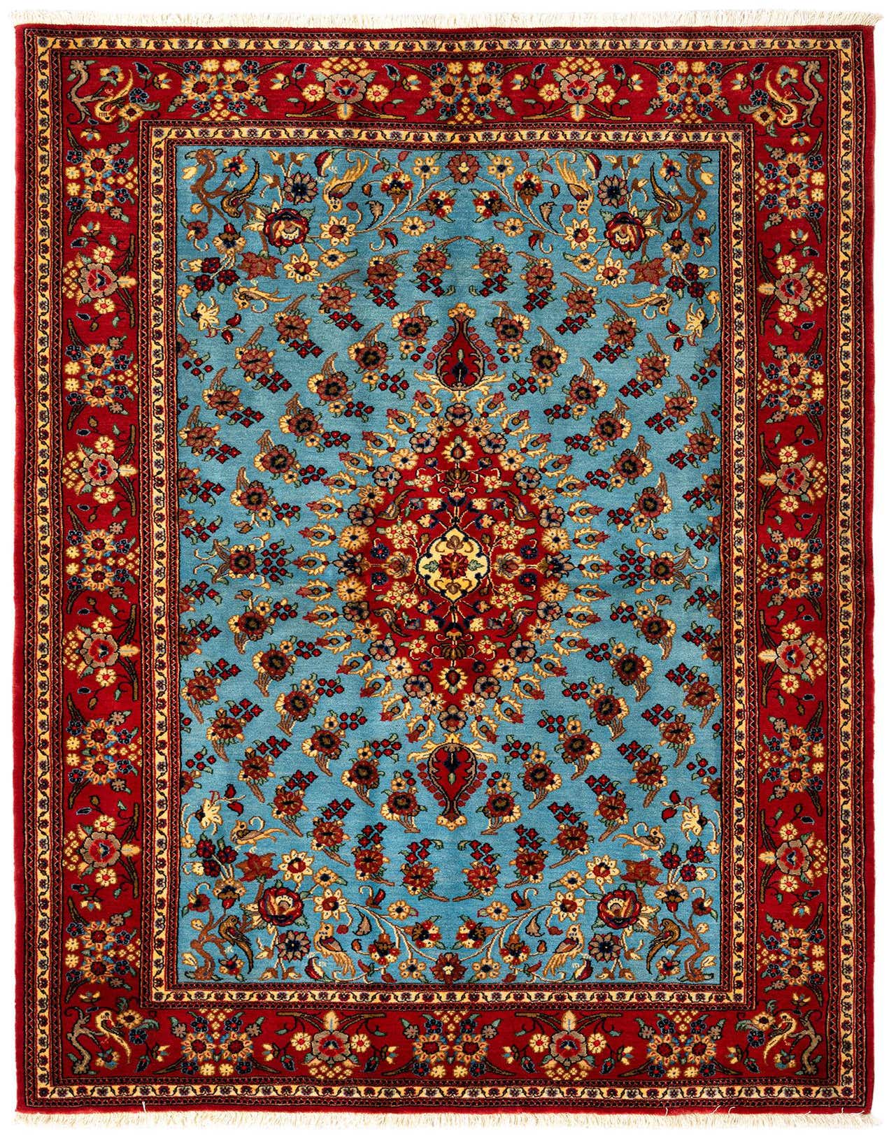 A rectangular 5x7 Persian Qom rug with a red border and a light blue field featuring intricate floral and medallion patterns.