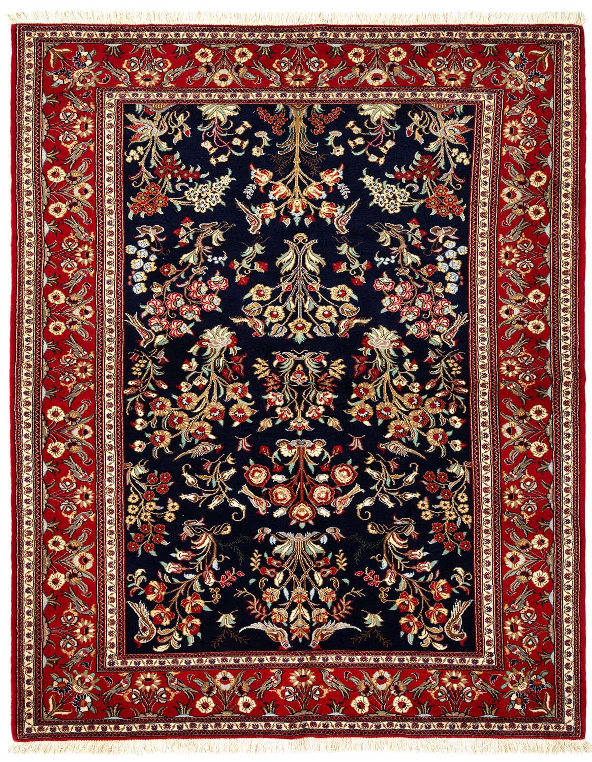 A rectangular 5x8 Persian rug with a deep navy field and a wide red border, featuring intricate floral and bird motifs.