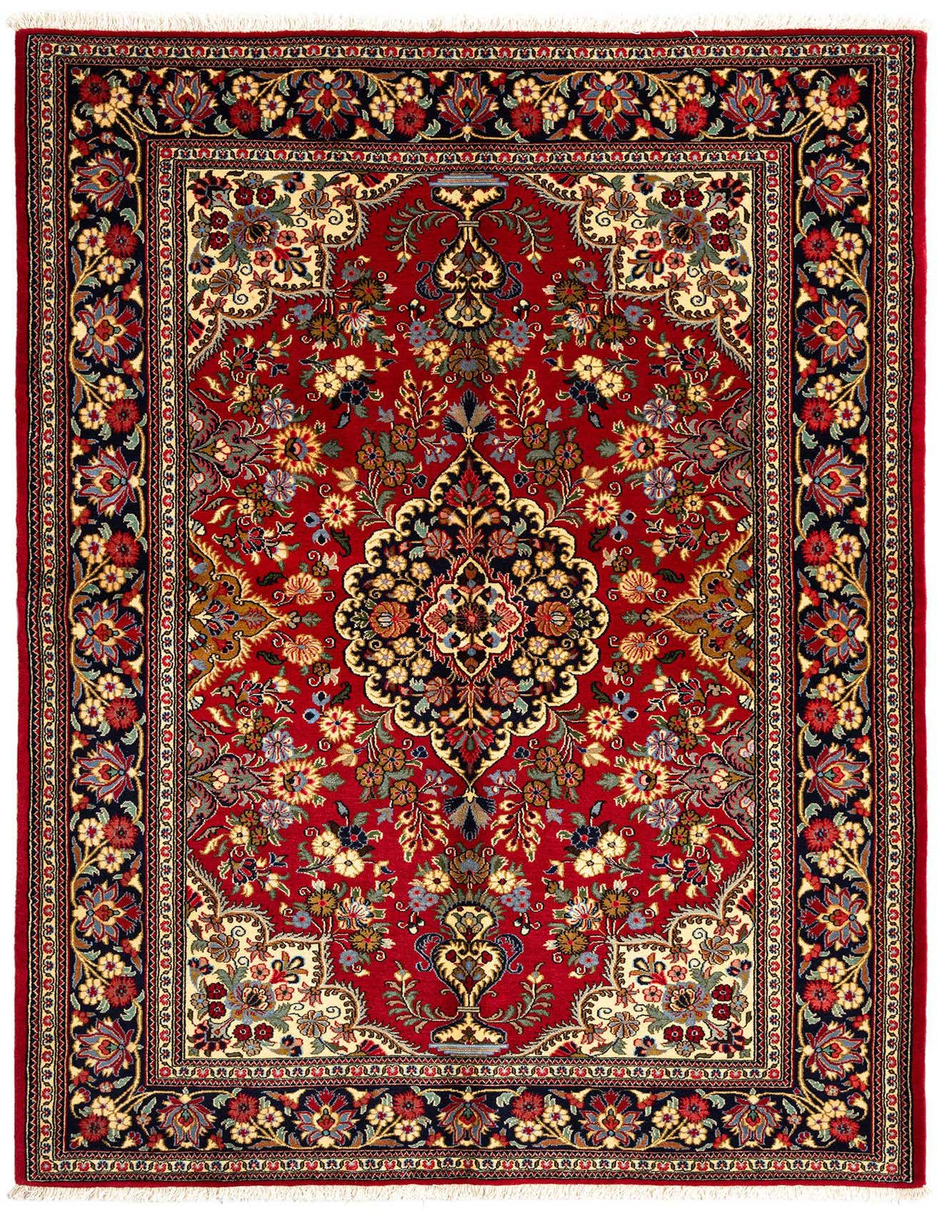 A 5x7 rectangular Qom Persian rug featuring a rich red field with an intricate floral medallion and a detailed border in navy, cream, and gold.