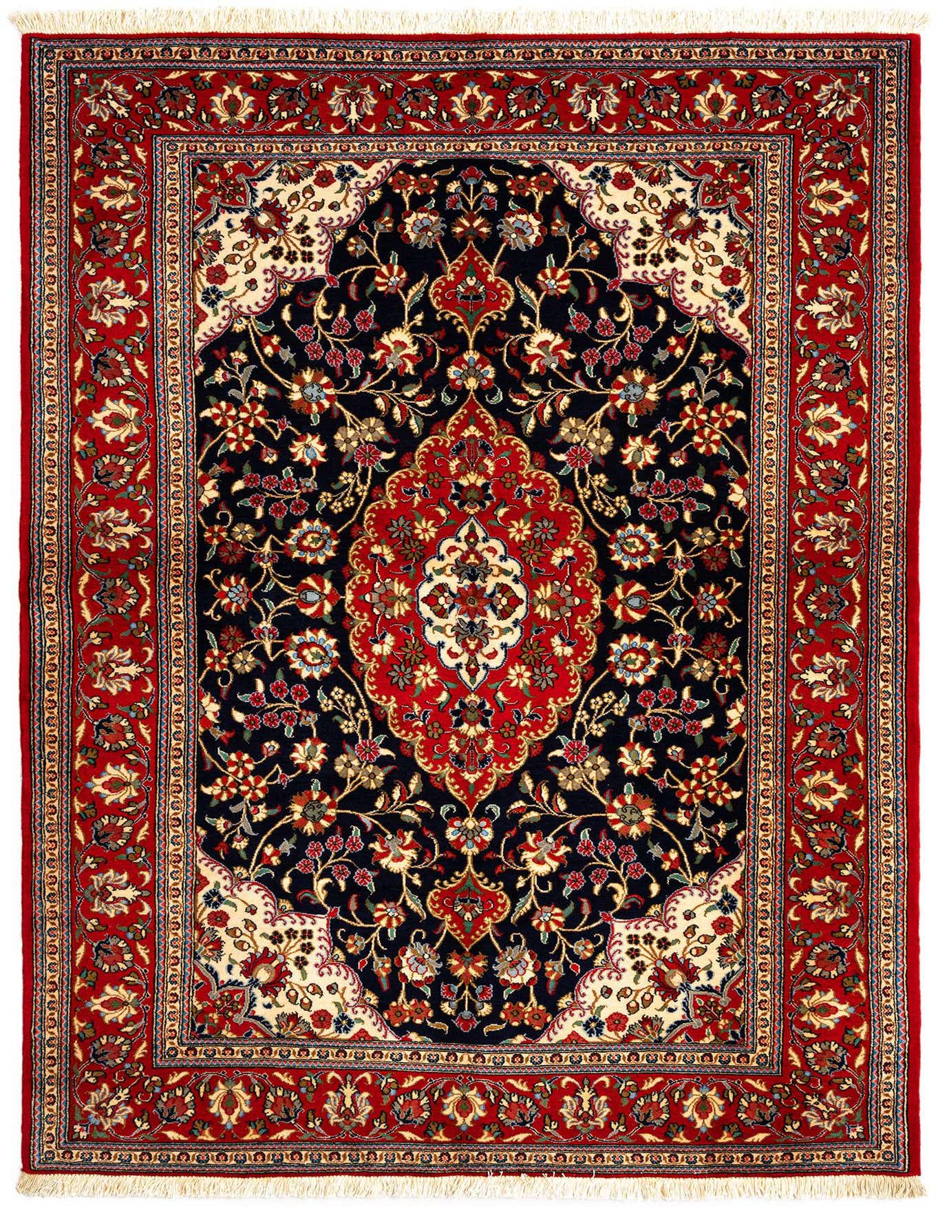A 5x7 rectangular Persian rug with a deep red border and a navy blue field, featuring intricate floral and medallion patterns in red, cream, and gold.