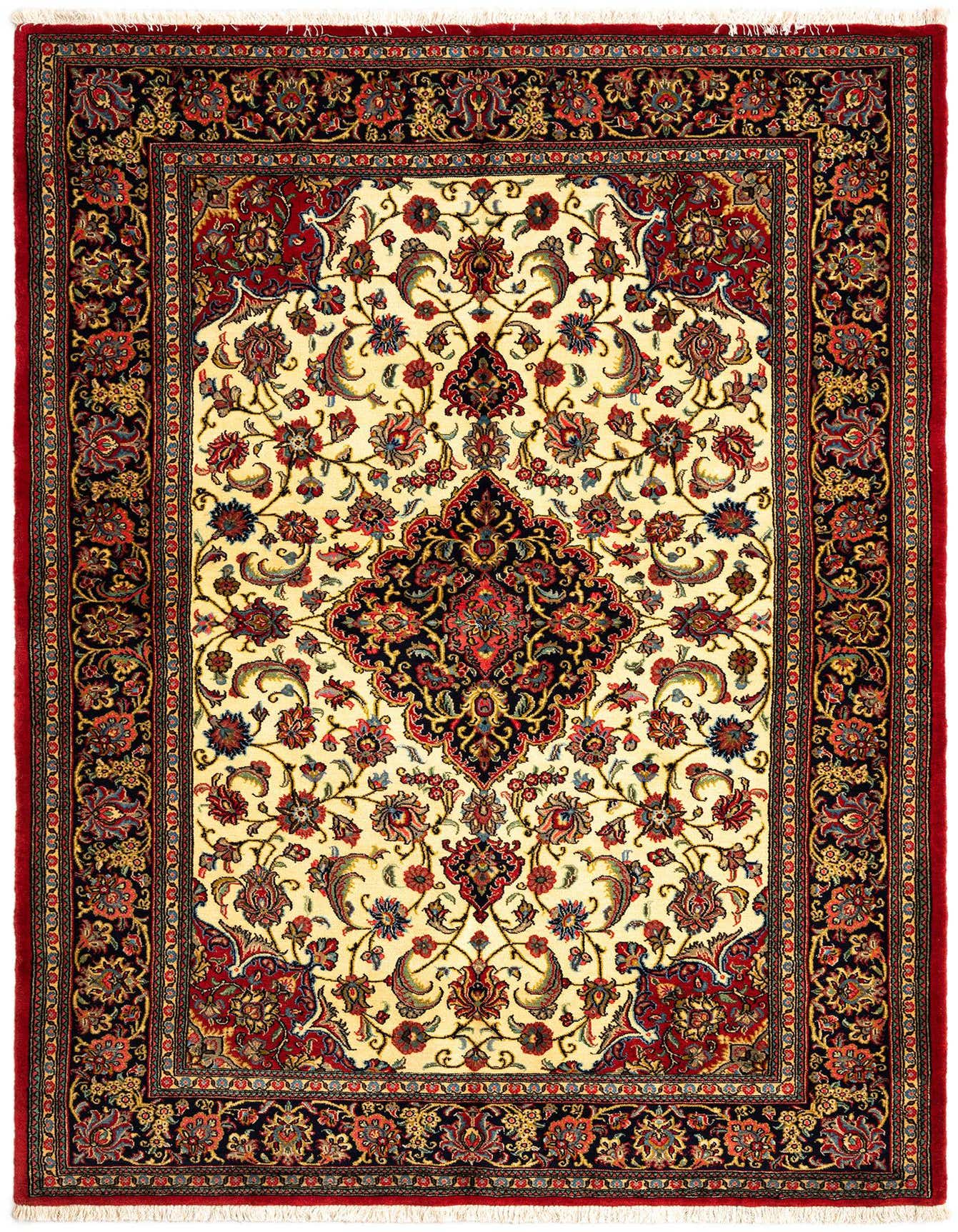 A 5x7 rectangular Persian rug with a cream field, red borders, and intricate floral and medallion patterns in red, black, and gold.