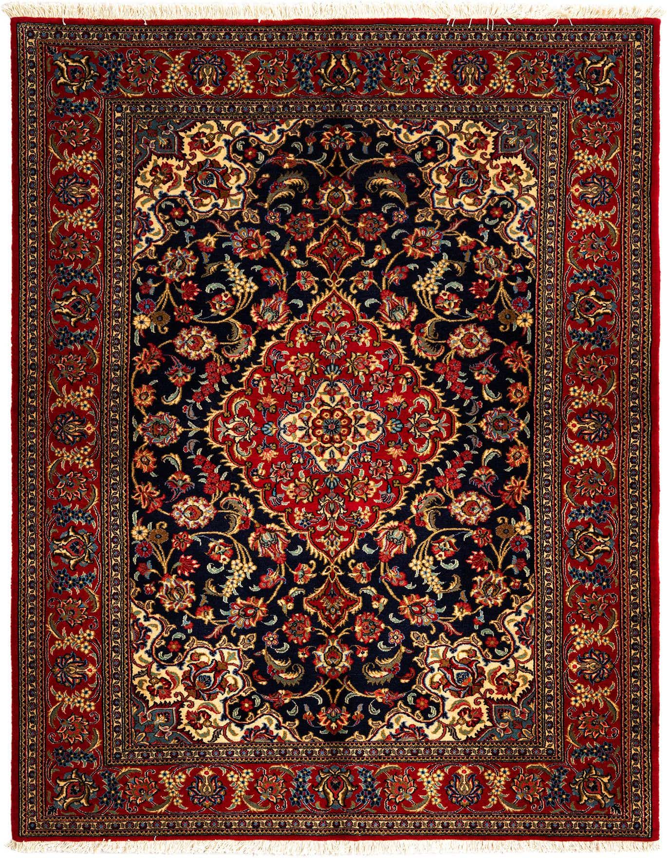 A rectangular 5x7 red Persian rug with a detailed floral medallion pattern and a dark blue field.