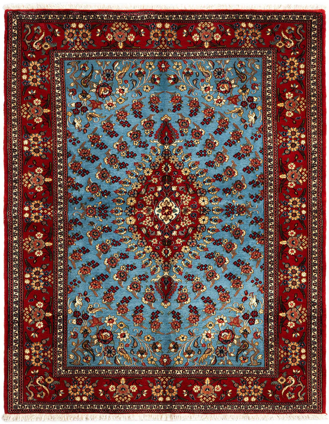 A 5x7 rectangular Persian rug with a red border and a light blue field featuring intricate floral and medallion patterns.