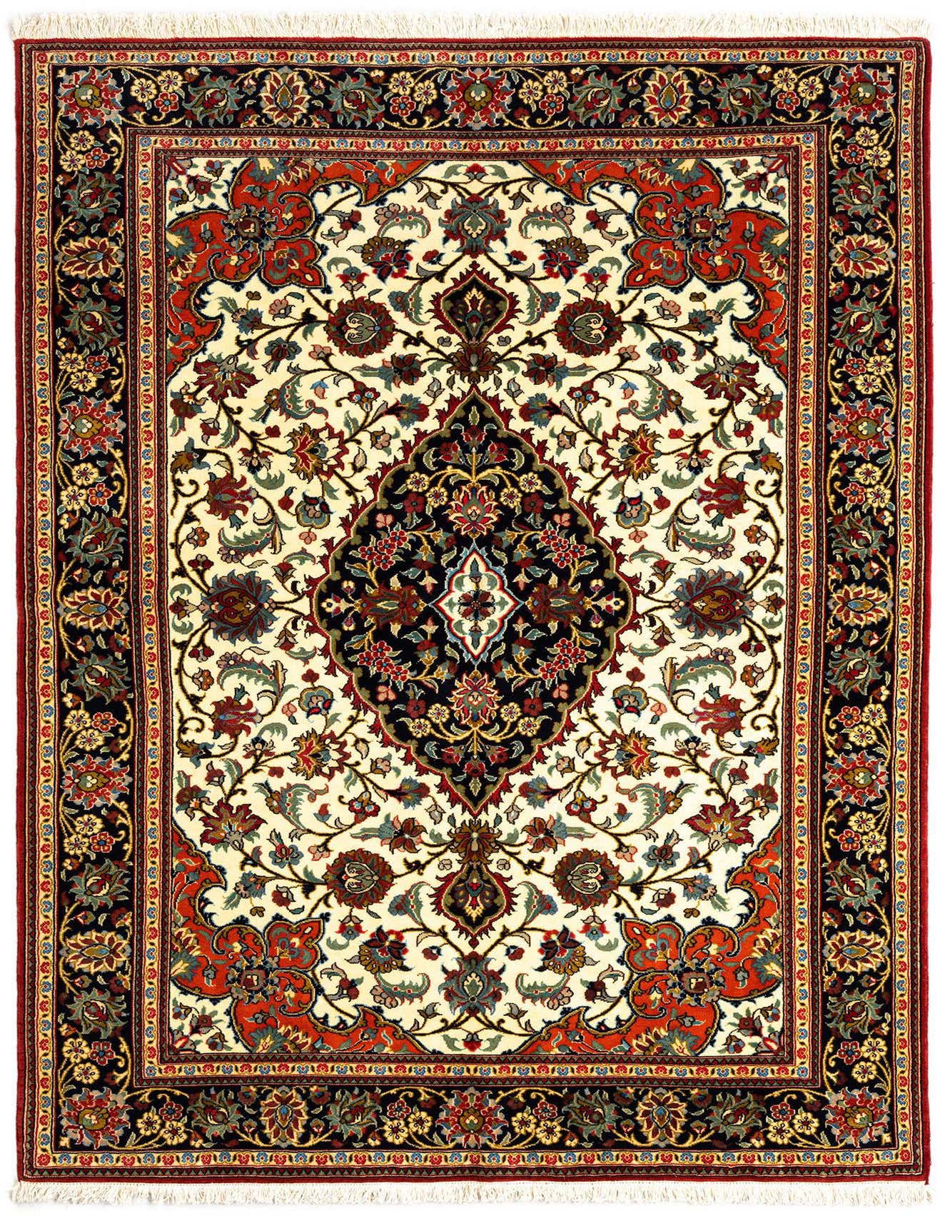 A 5x7 rectangular Persian rug with a cream field, a central black medallion, and intricate red, blue, and gold floral patterns, framed by a dark border.