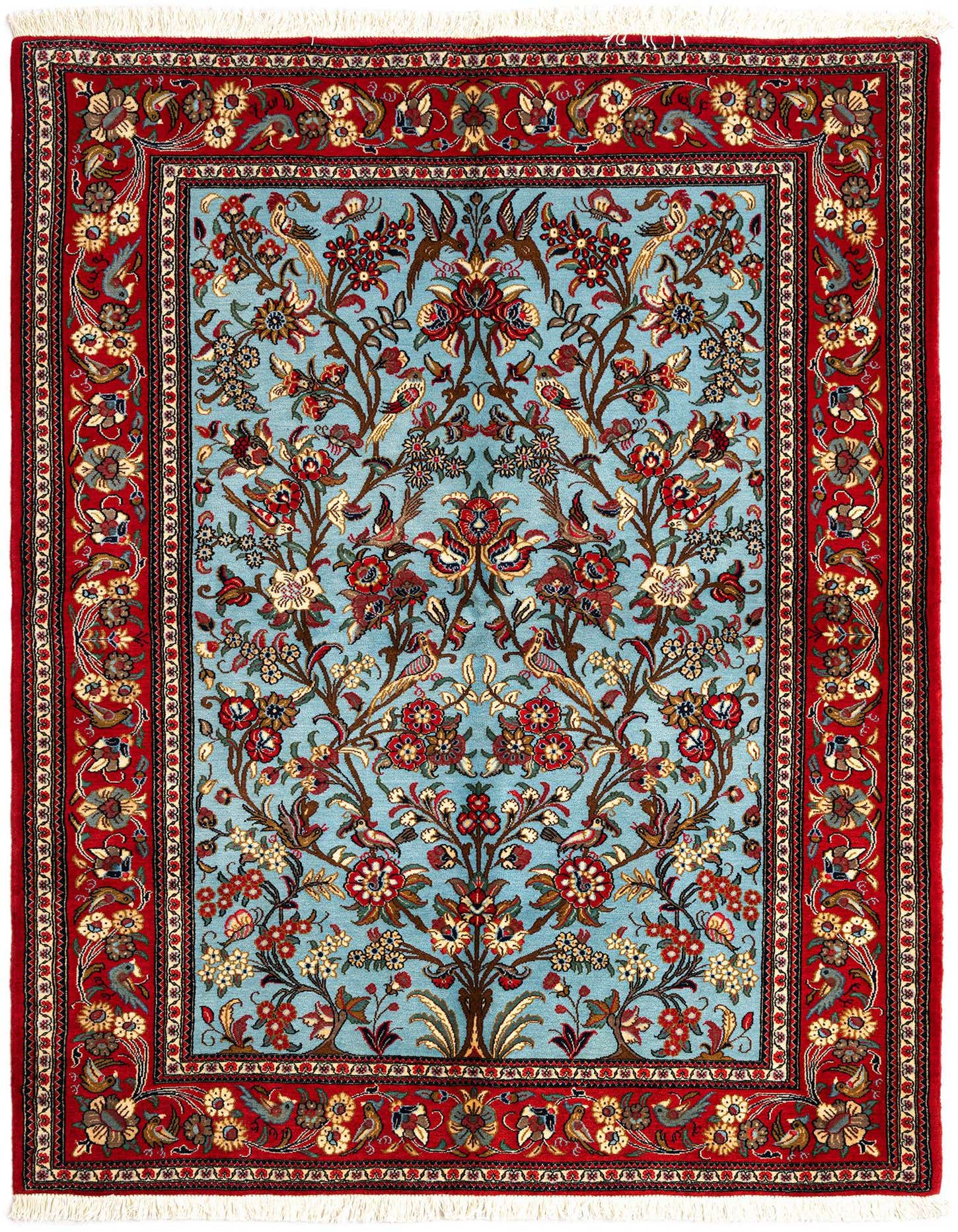 A rectangular 5x7 Persian rug with a light blue field featuring an intricate floral and bird pattern, framed by a rich red border.