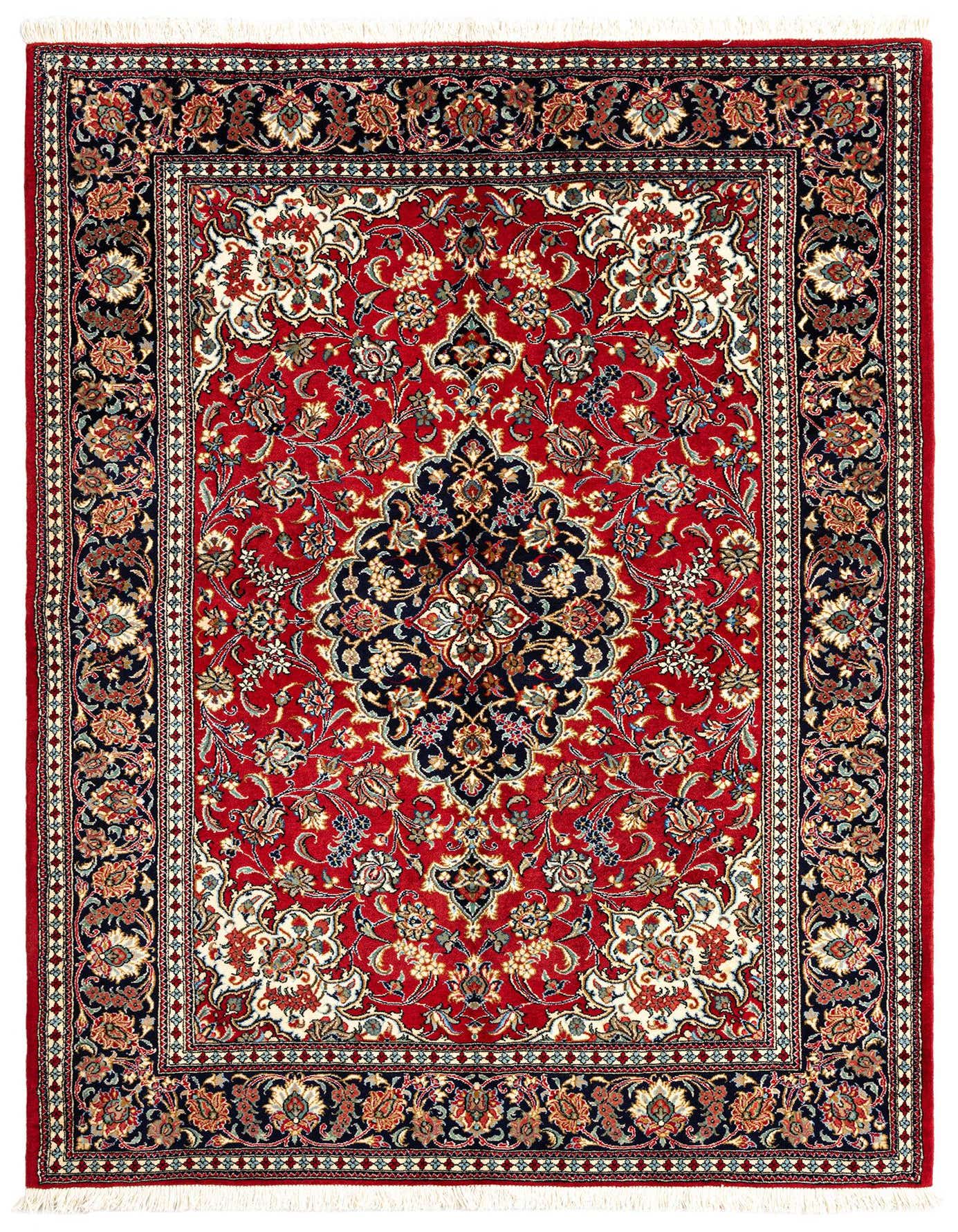 A 5x7 rectangular red Persian wool rug with an intricate floral medallion pattern and dark blue border.