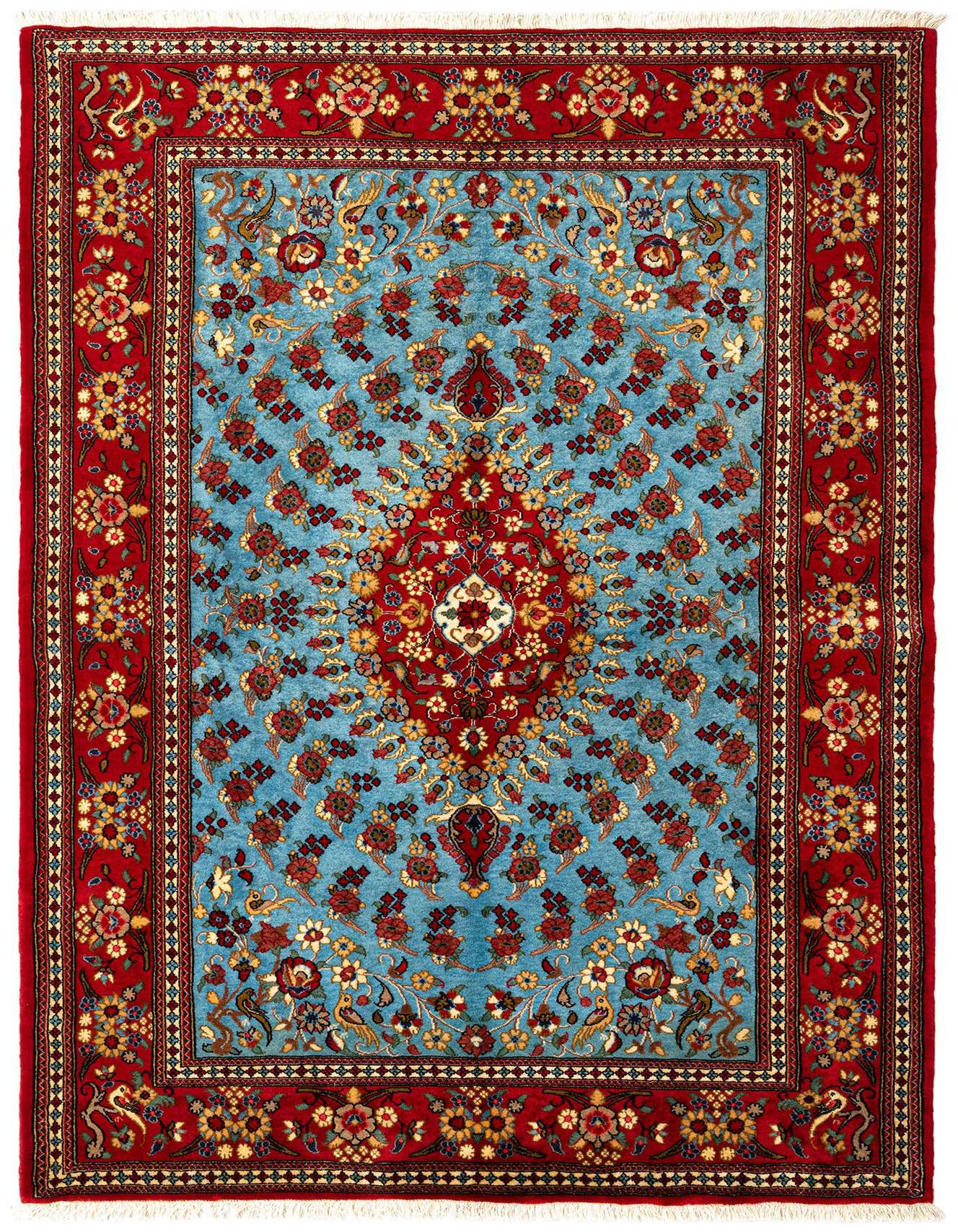 A rectangular 5x7 handmade Persian rug with a red border and a light blue field, featuring intricate floral and medallion patterns in red, gold, and blue.
