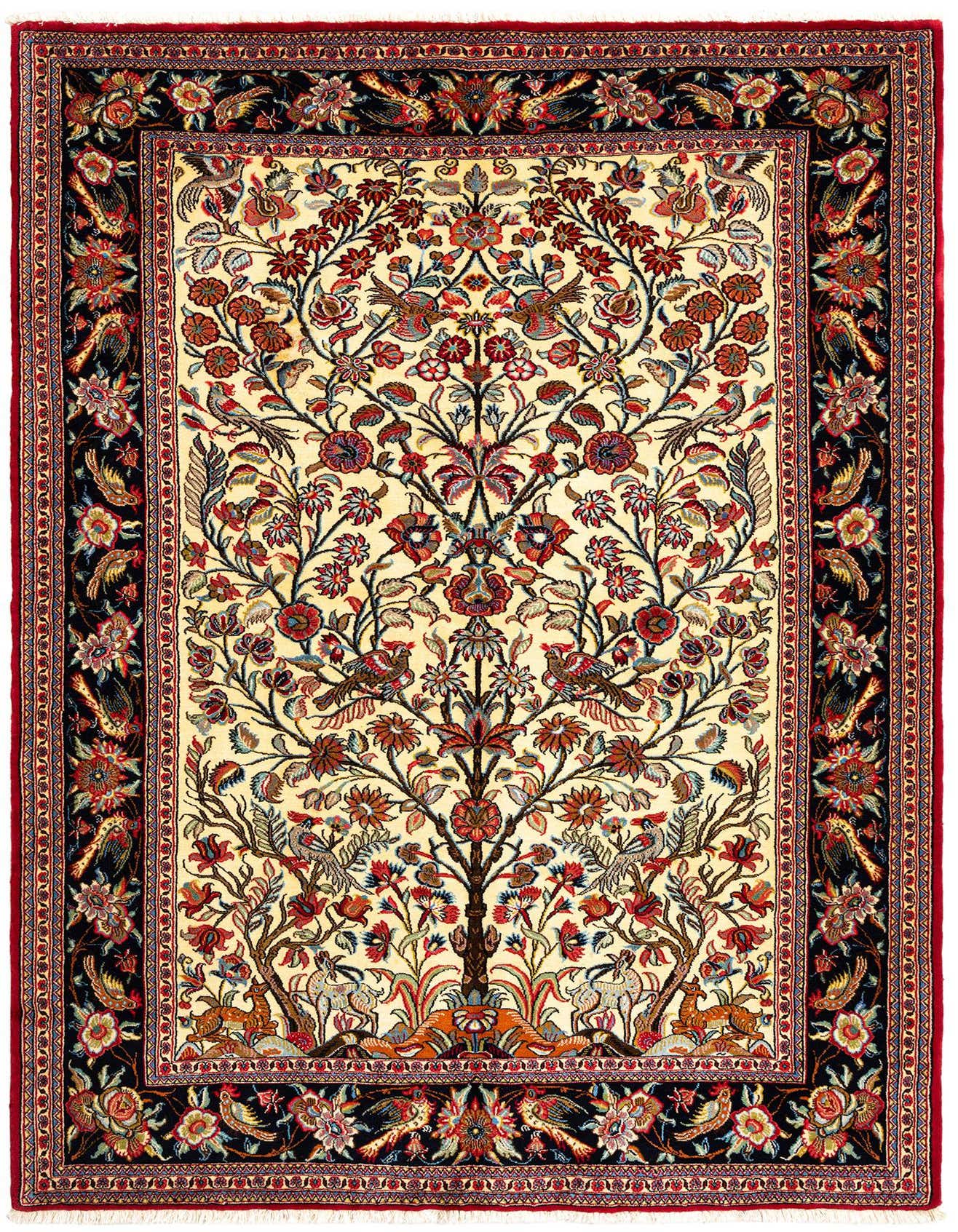 A rectangular 5x7 Persian Qom rug featuring a tree of life design with birds and deer on a cream background, bordered by intricate floral patterns in red and dark blue.