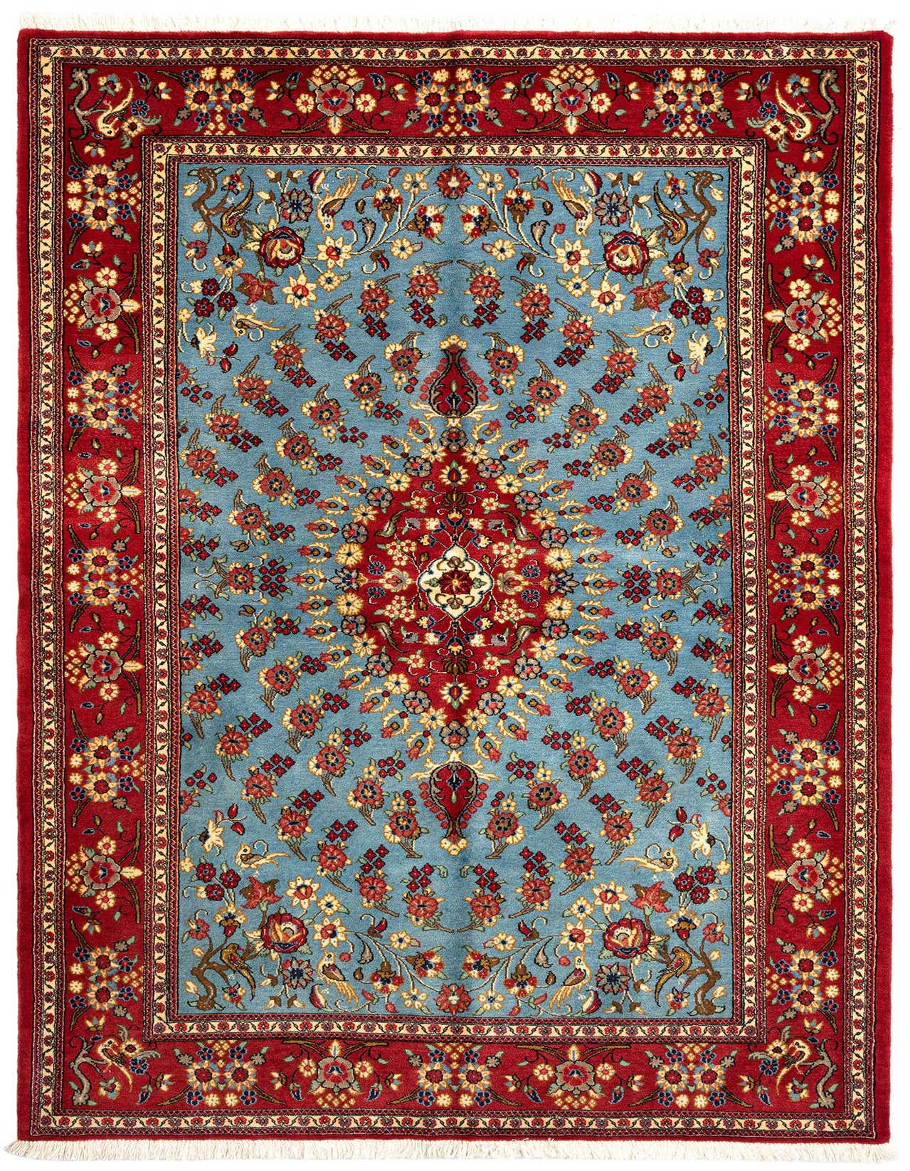 A 5x7 rectangular Persian rug with a red border and a light blue field featuring intricate floral and medallion patterns.