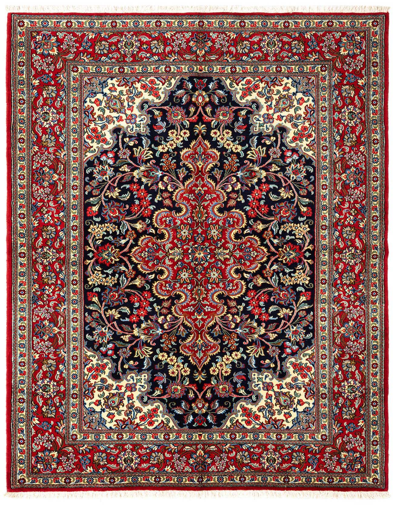 A 5x7 rectangular Qom Persian rug featuring a rich red border and a dark navy field with intricate floral and medallion patterns in red, cream, and blue.
