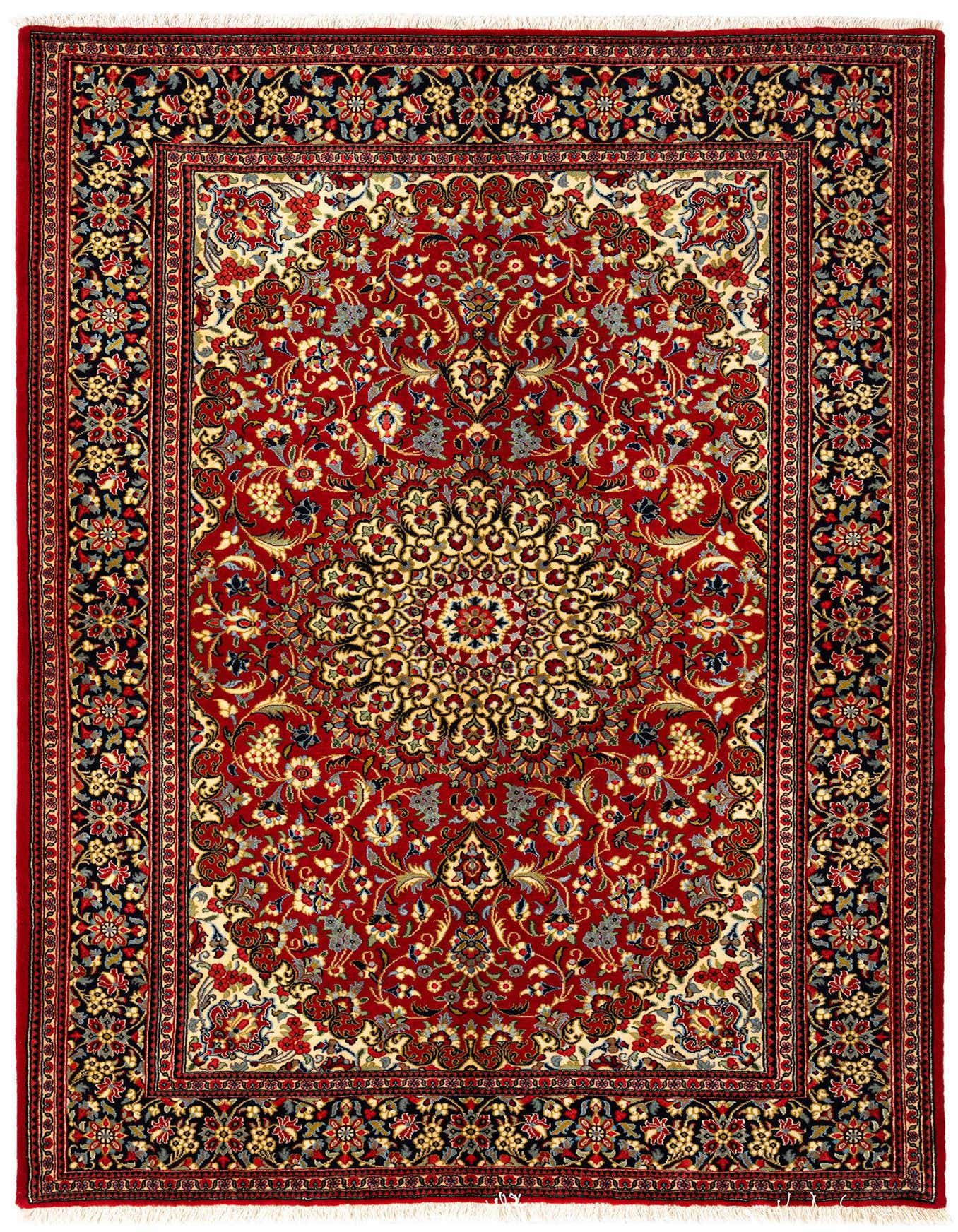 A 5x7 rectangular red Persian rug with an intricate floral medallion pattern and dark borders.