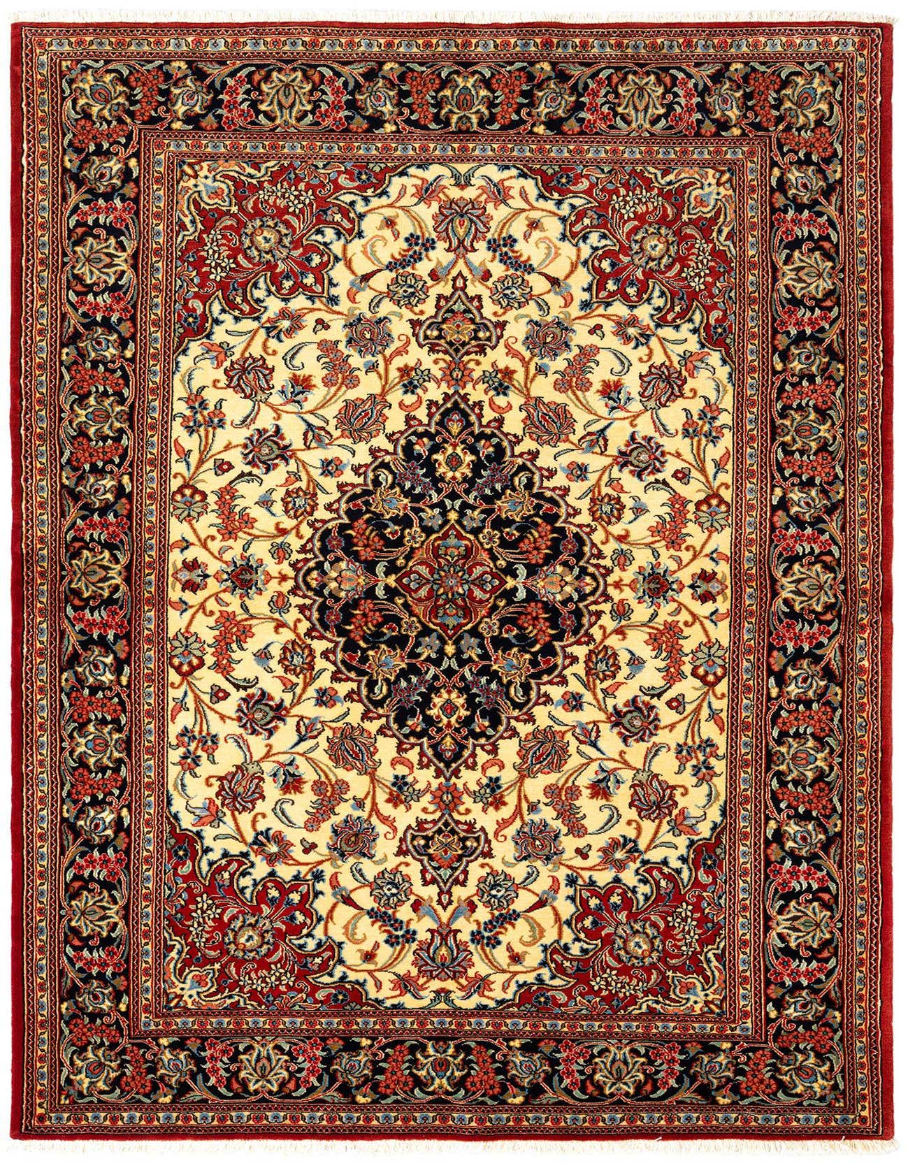 A 5x7 rectangular Qom Persian rug featuring a detailed red, navy, and cream floral medallion pattern on a light background, with a rich red border.
