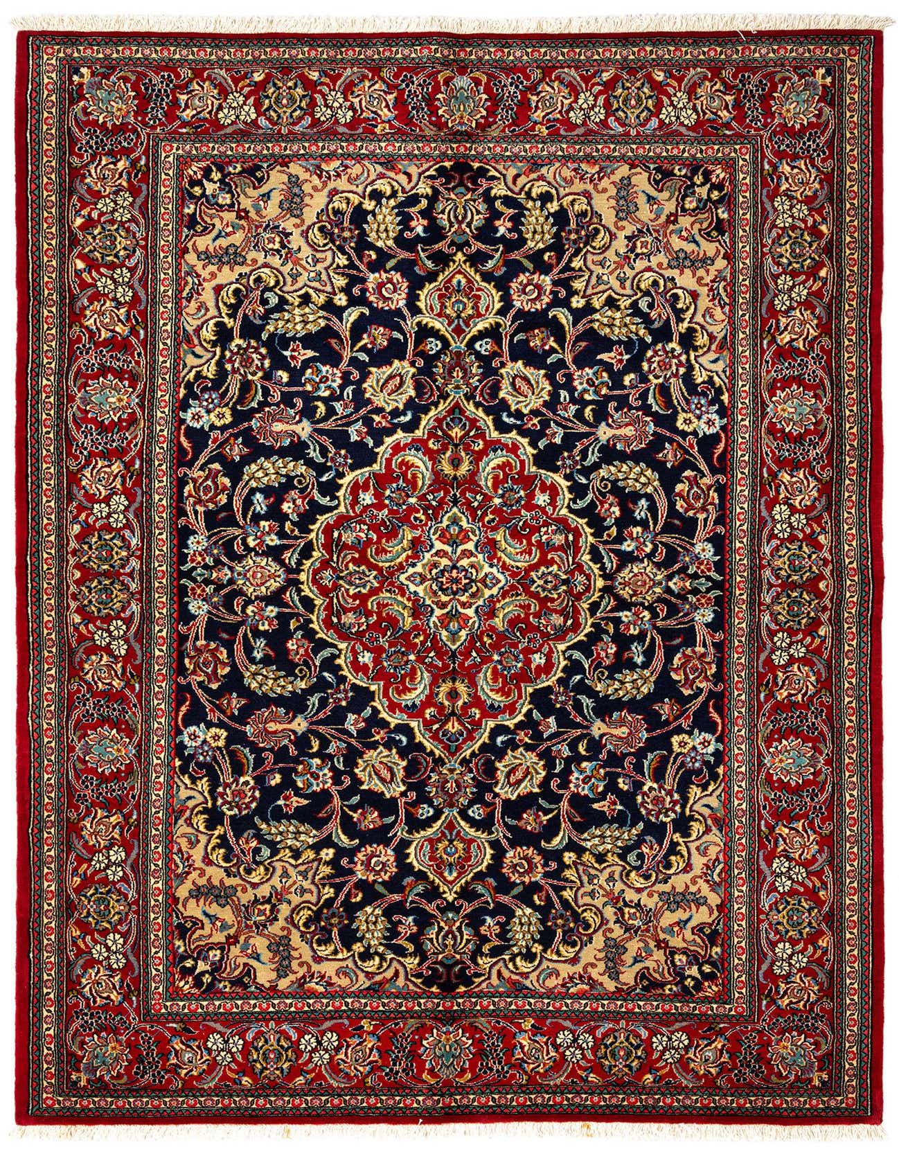 A 5x7 rectangular Persian rug with a deep red border and a navy blue field featuring intricate floral and medallion patterns in red, gold, and light blue.