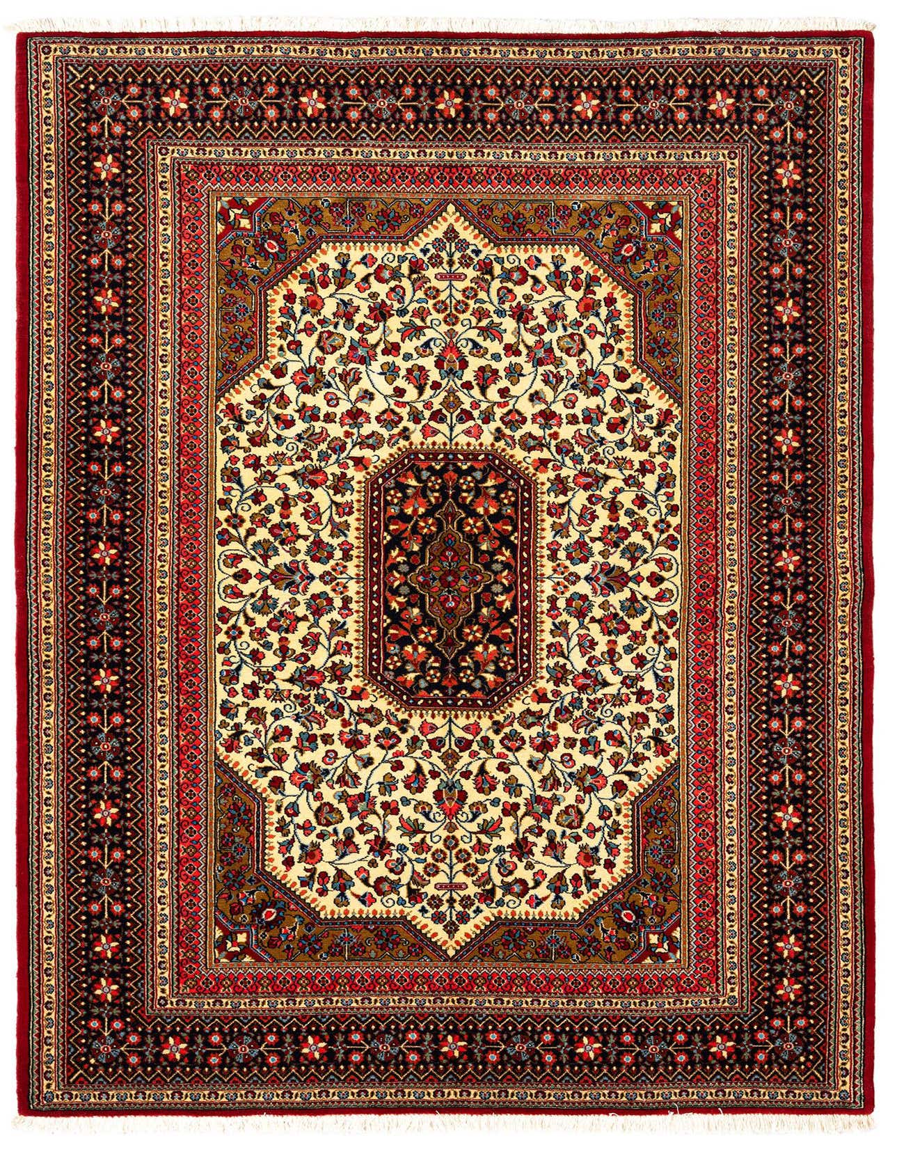 A 5x7 rectangular Persian rug with a cream field, red floral motifs, and intricate red and black borders.