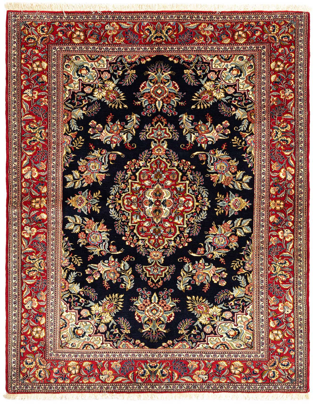 A 4x6 rectangular Persian rug with a dark navy field and a vibrant red border, featuring intricate floral and medallion patterns in gold, blue, and green.