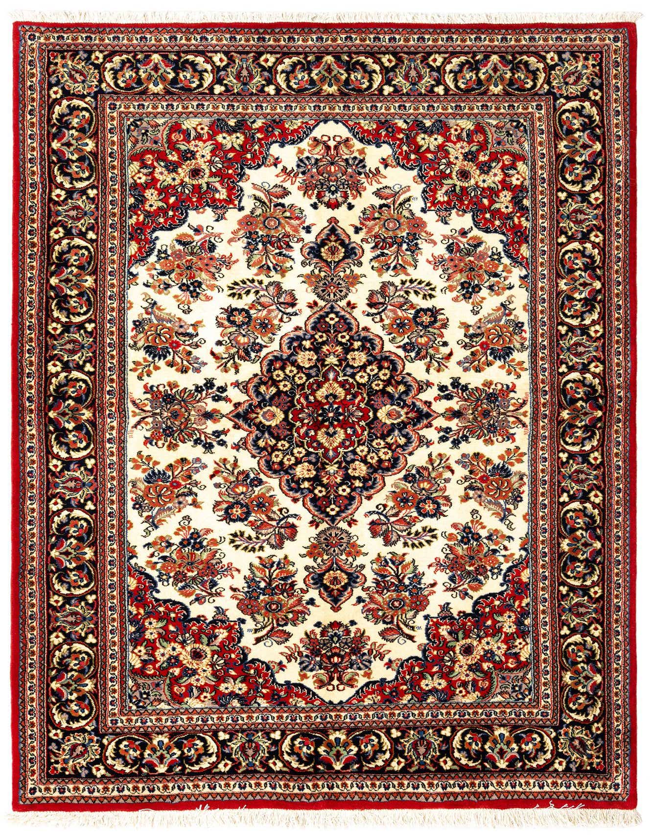 A 4x6 rectangular Qom Persian rug featuring a central medallion and intricate floral patterns in reds, navy, and cream.