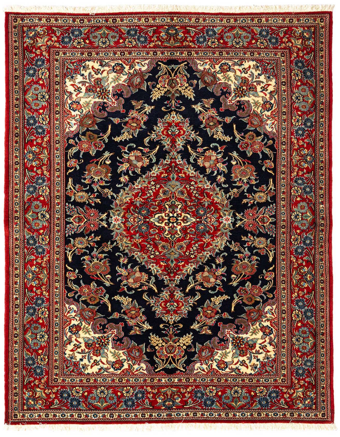 A 4x6 rectangular Qom Persian rug in rich reds, blues, and cream with an intricate floral medallion pattern.