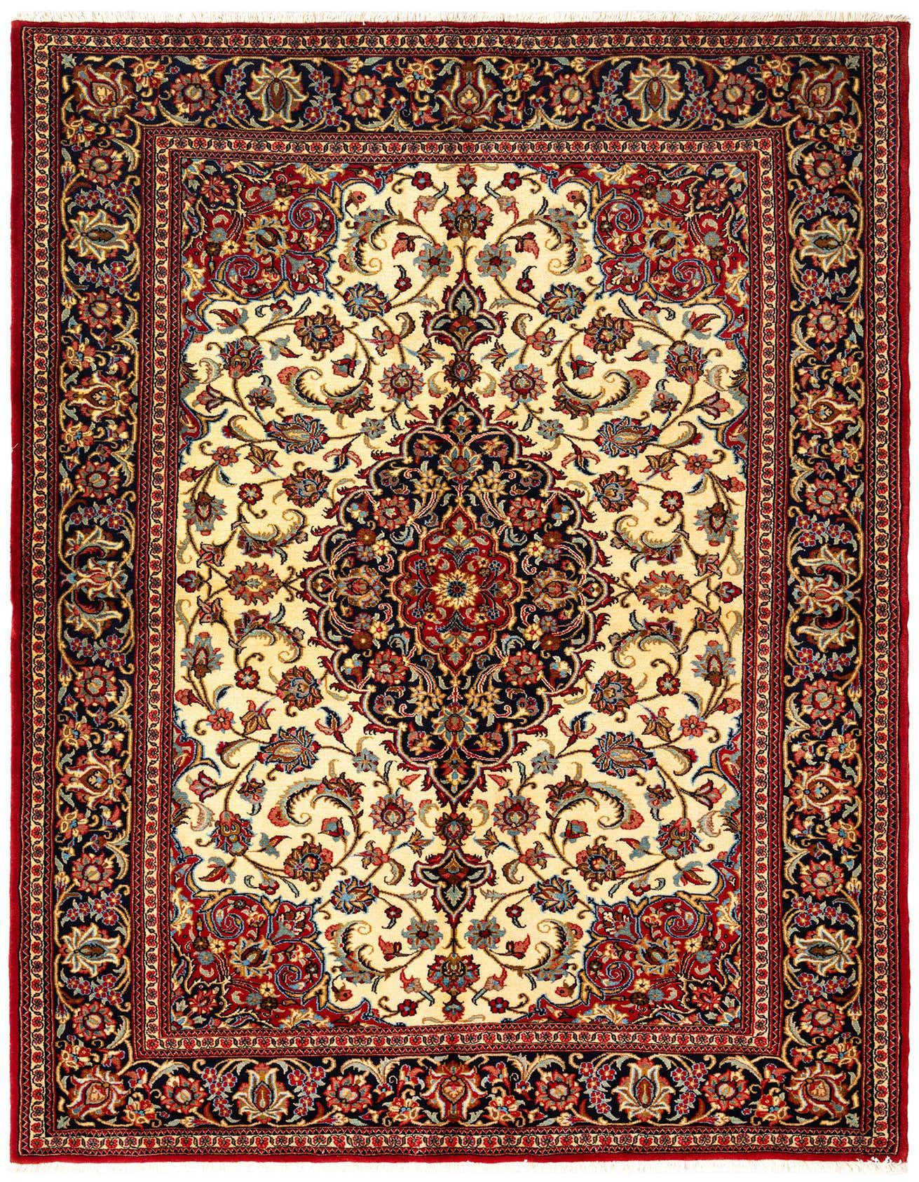 A 5x7 rectangular Persian rug with a cream background, featuring an intricate red, navy, and gold floral medallion pattern and a detailed border.