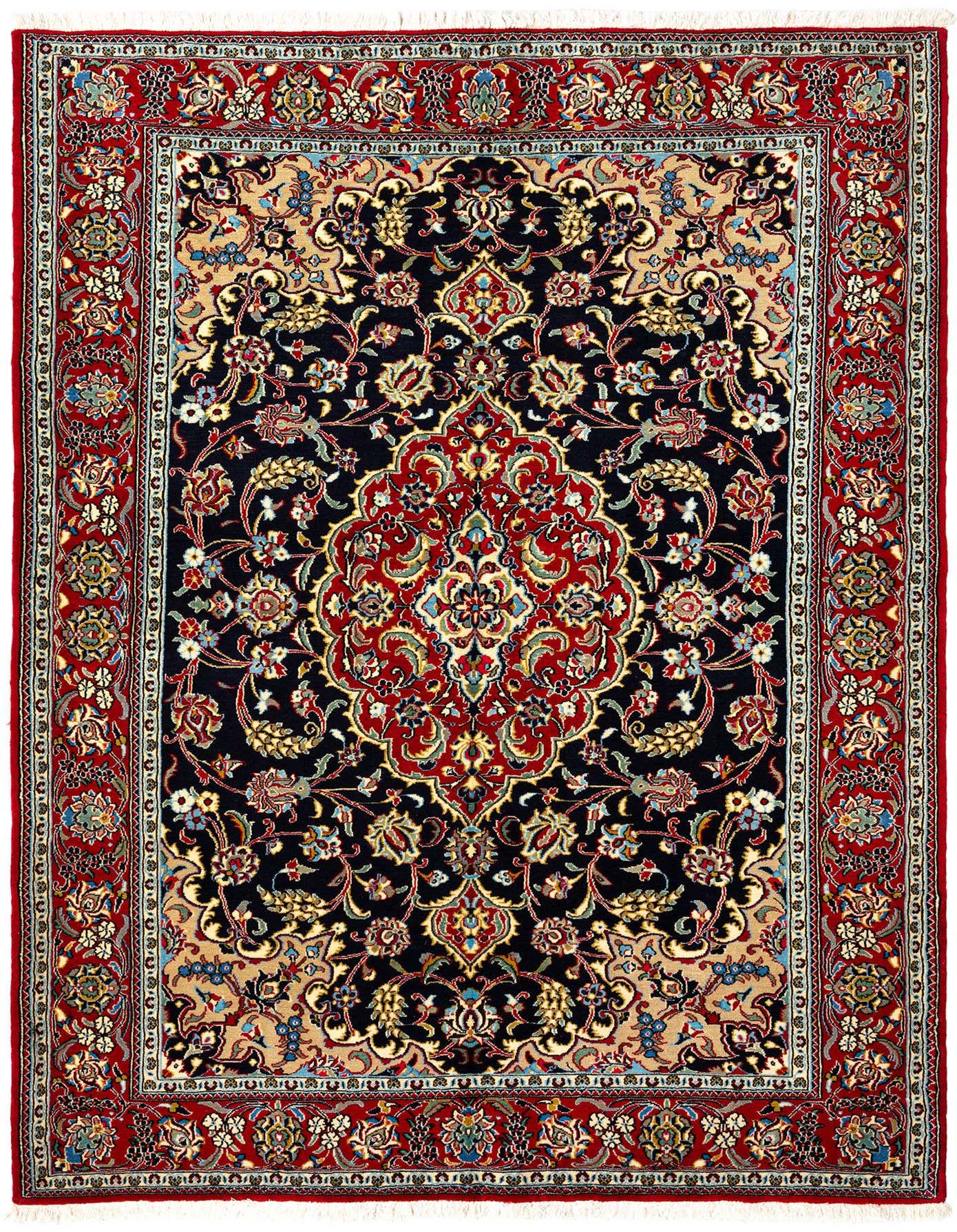 A 4x6 rectangular Qom Persian rug in rich red and navy, featuring intricate floral and medallion patterns.
