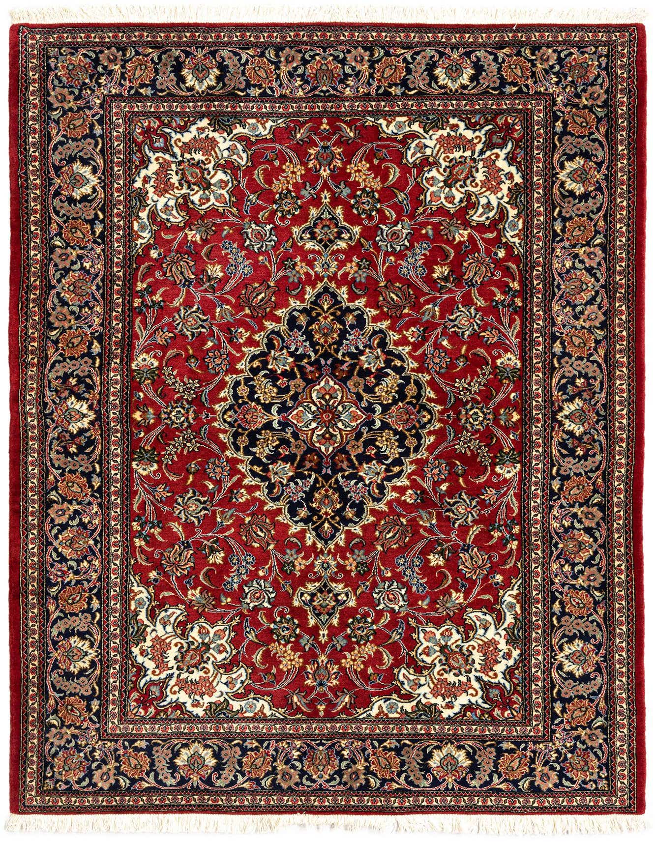 A 4x6 rectangular red Persian rug with an intricate floral medallion pattern in navy, cream, and gold, featuring a detailed border.