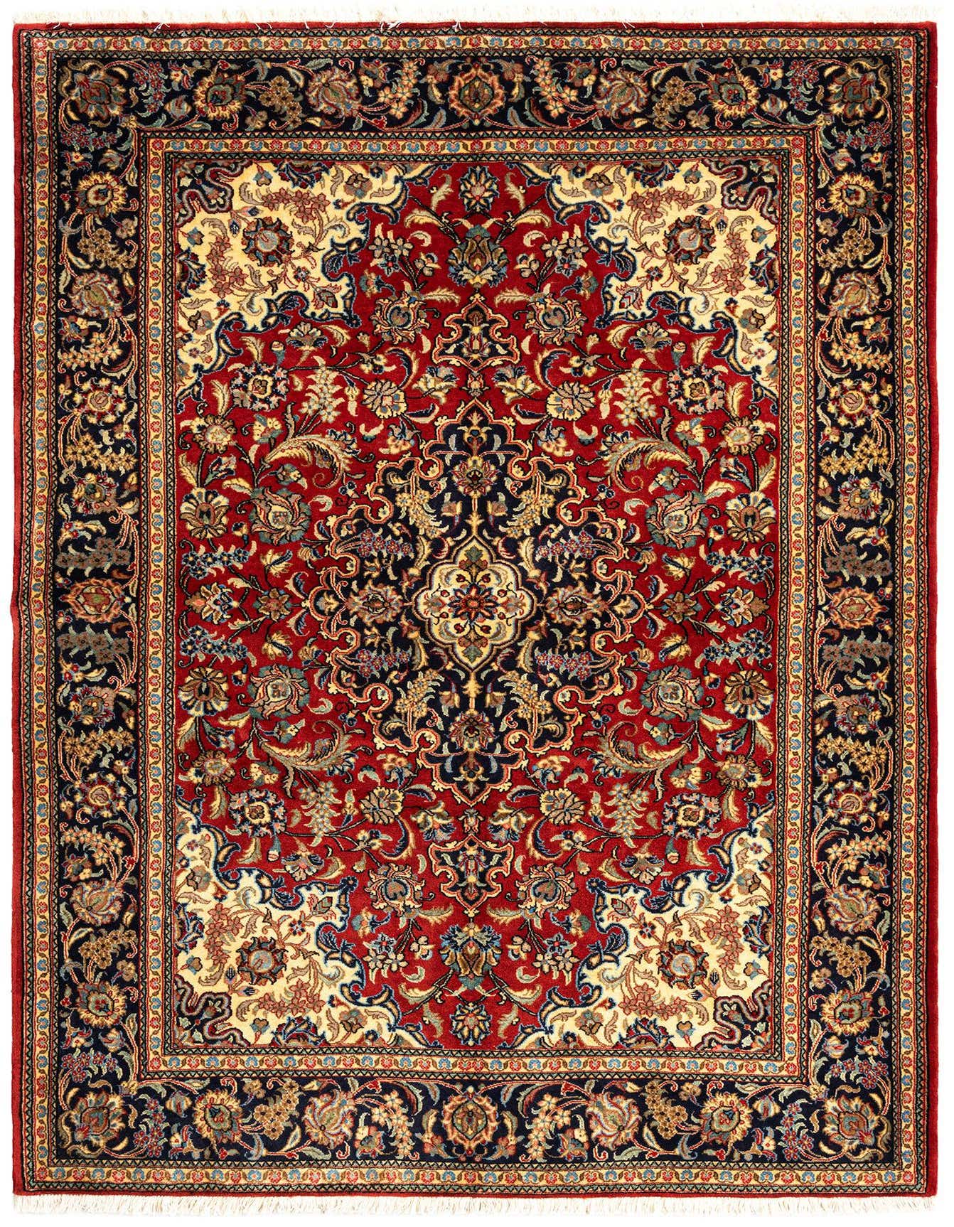 A rectangular 5x7 red Persian rug with intricate floral and medallion patterns in navy, gold, and cream, featuring a detailed border.