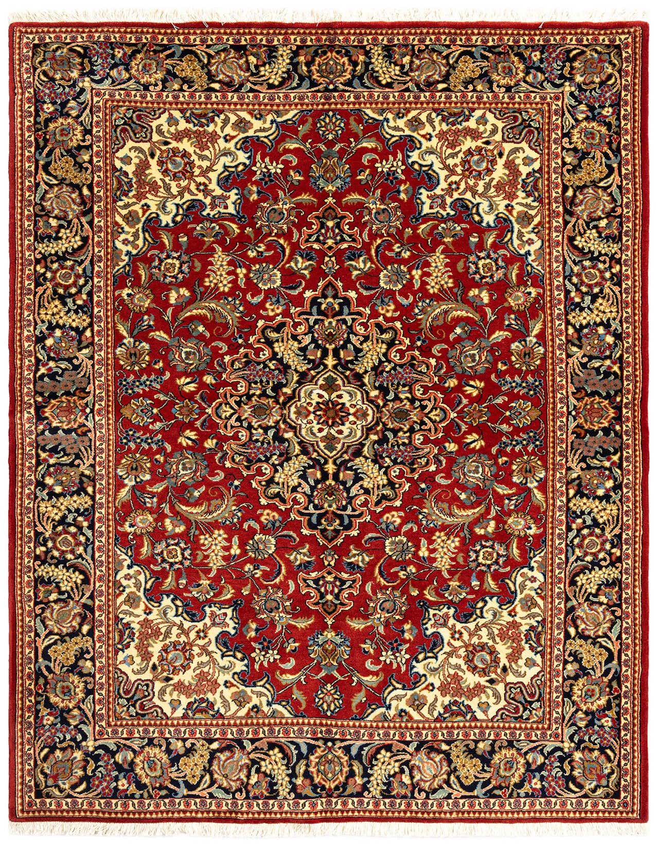 A 5x7 rectangular red Persian rug with intricate floral and medallion patterns in cream, navy, and gold.