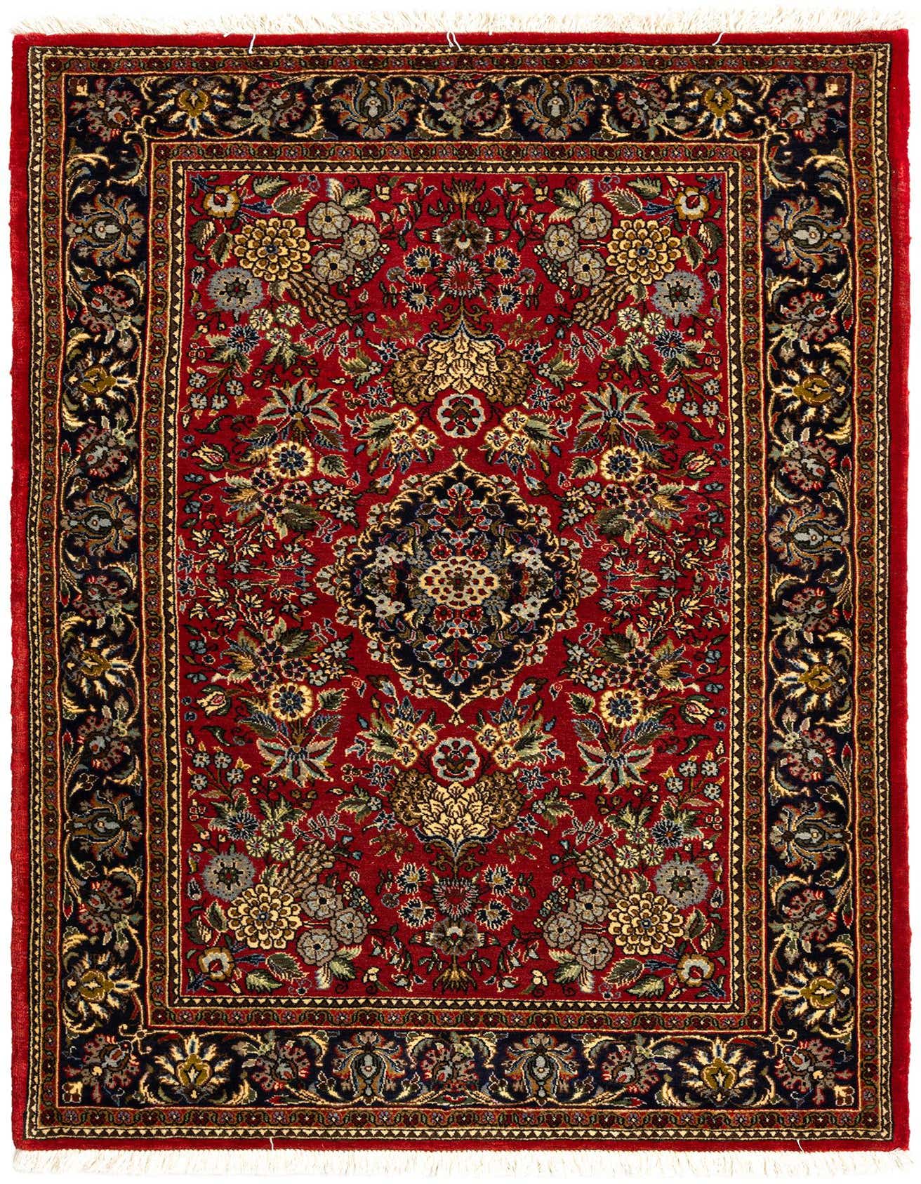 A 3x5 rectangular Qom Persian rug in rich red, featuring an intricate floral and medallion pattern with navy and gold accents.