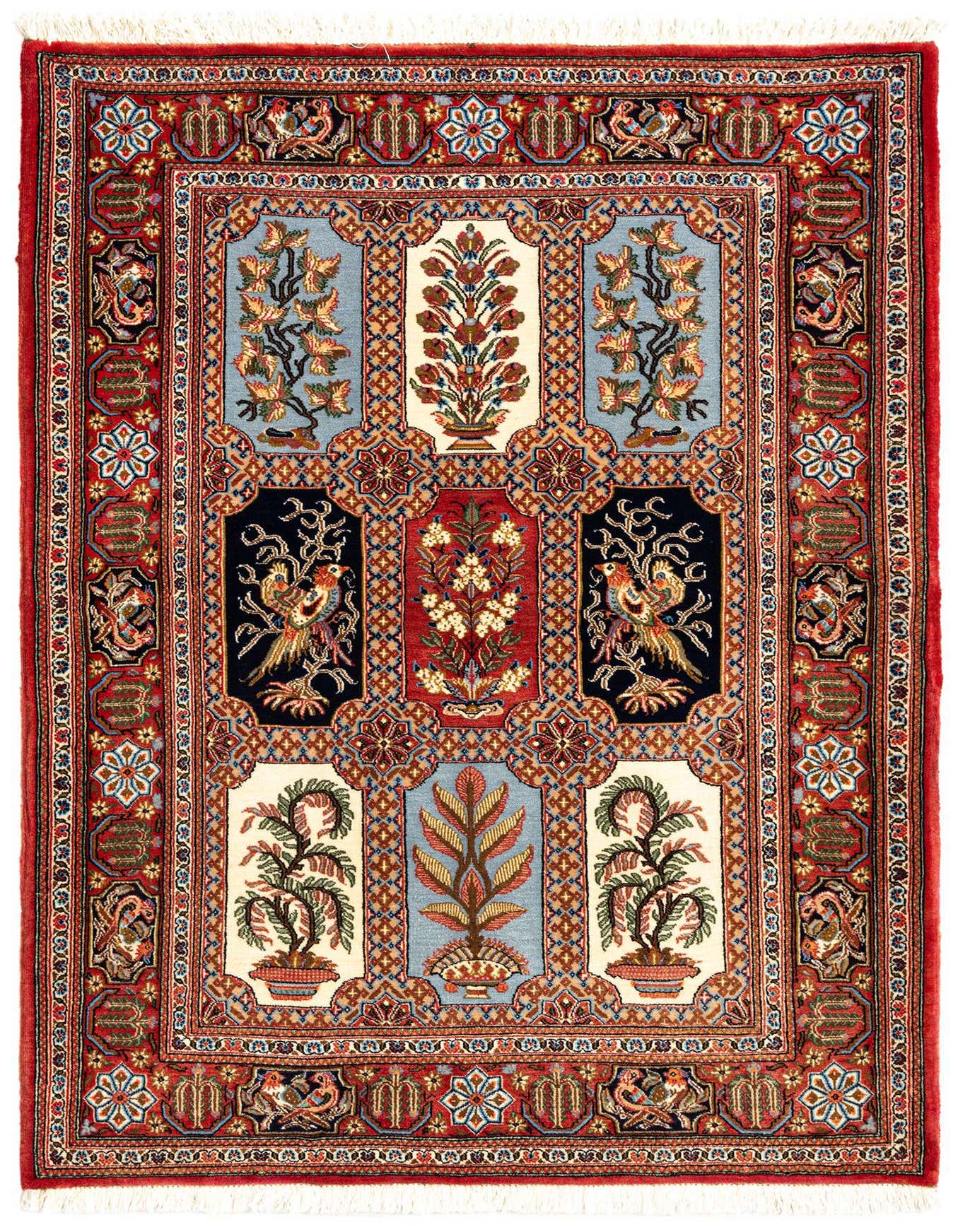 A 3x5 rectangular Persian Qom rug featuring a complex floral and bird design in reds, blues, and creams.
