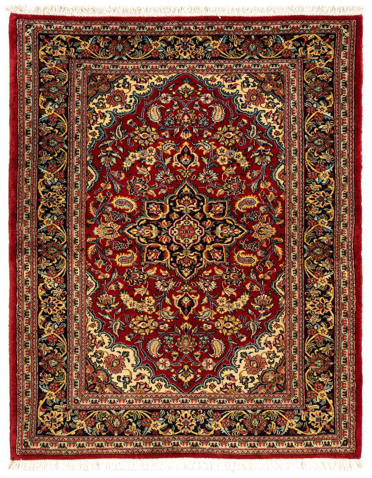 A 3x5 rectangular red Persian wool rug with intricate floral and medallion patterns, featuring gold, black, and cream accents.