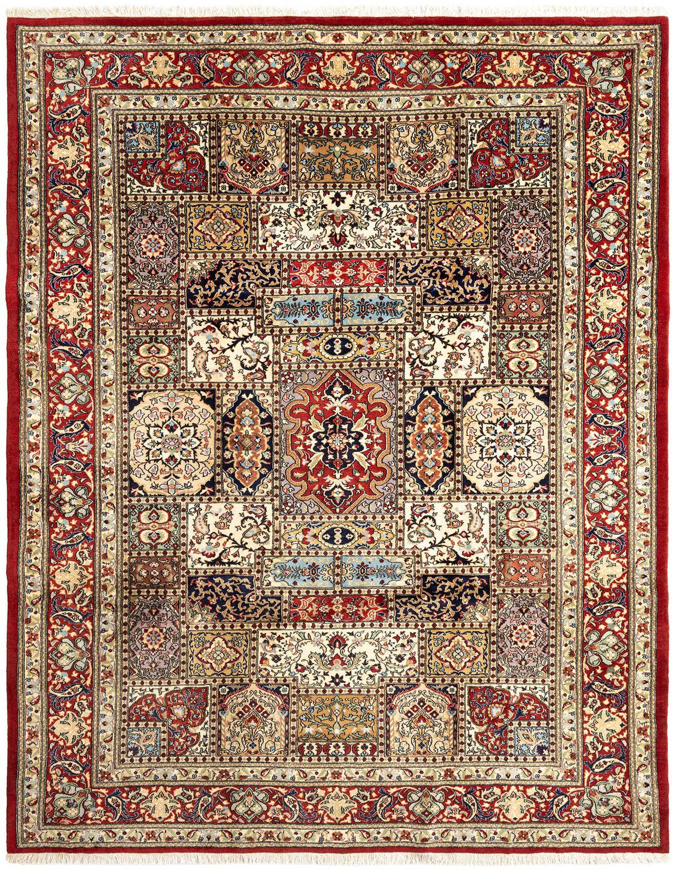 A handmade 8x11 rectangular Persian rug with a rich red border and a complex, multi-colored Oriental pattern.