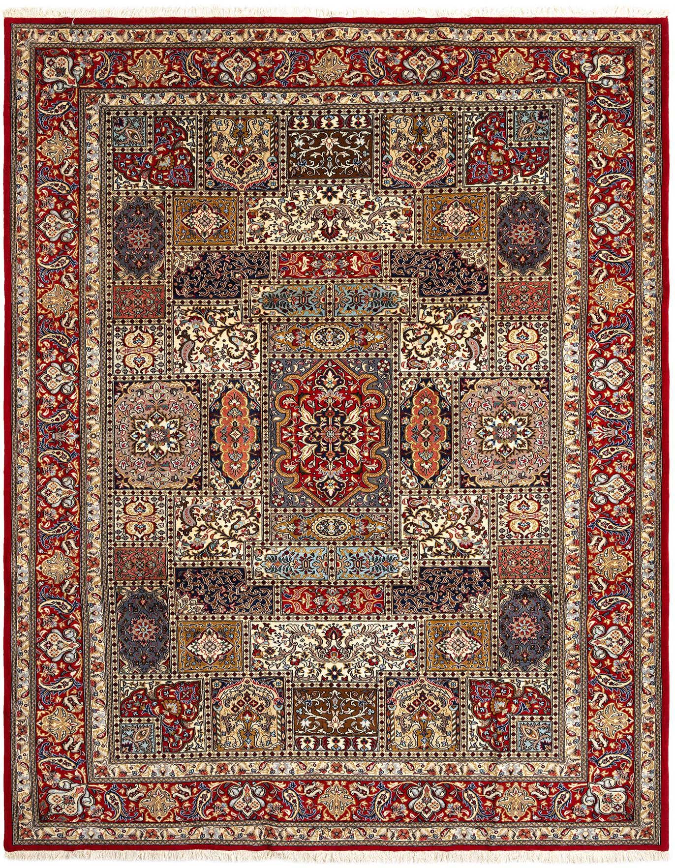 An 8x11 rectangular Qom Persian wool rug featuring a complex patchwork of traditional motifs in rich reds, creams, blues, and browns, with a prominent red border.