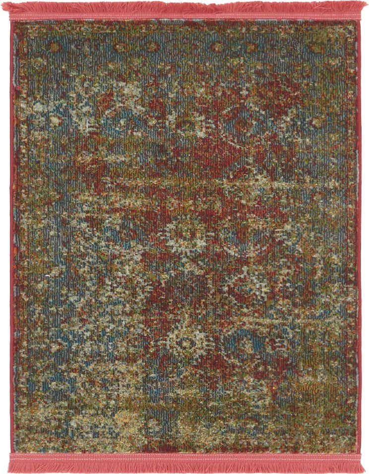 A 2x3 rectangular Santiago rug featuring a distressed eclectic medallion pattern in reds, blues, and creams with fringed ends.